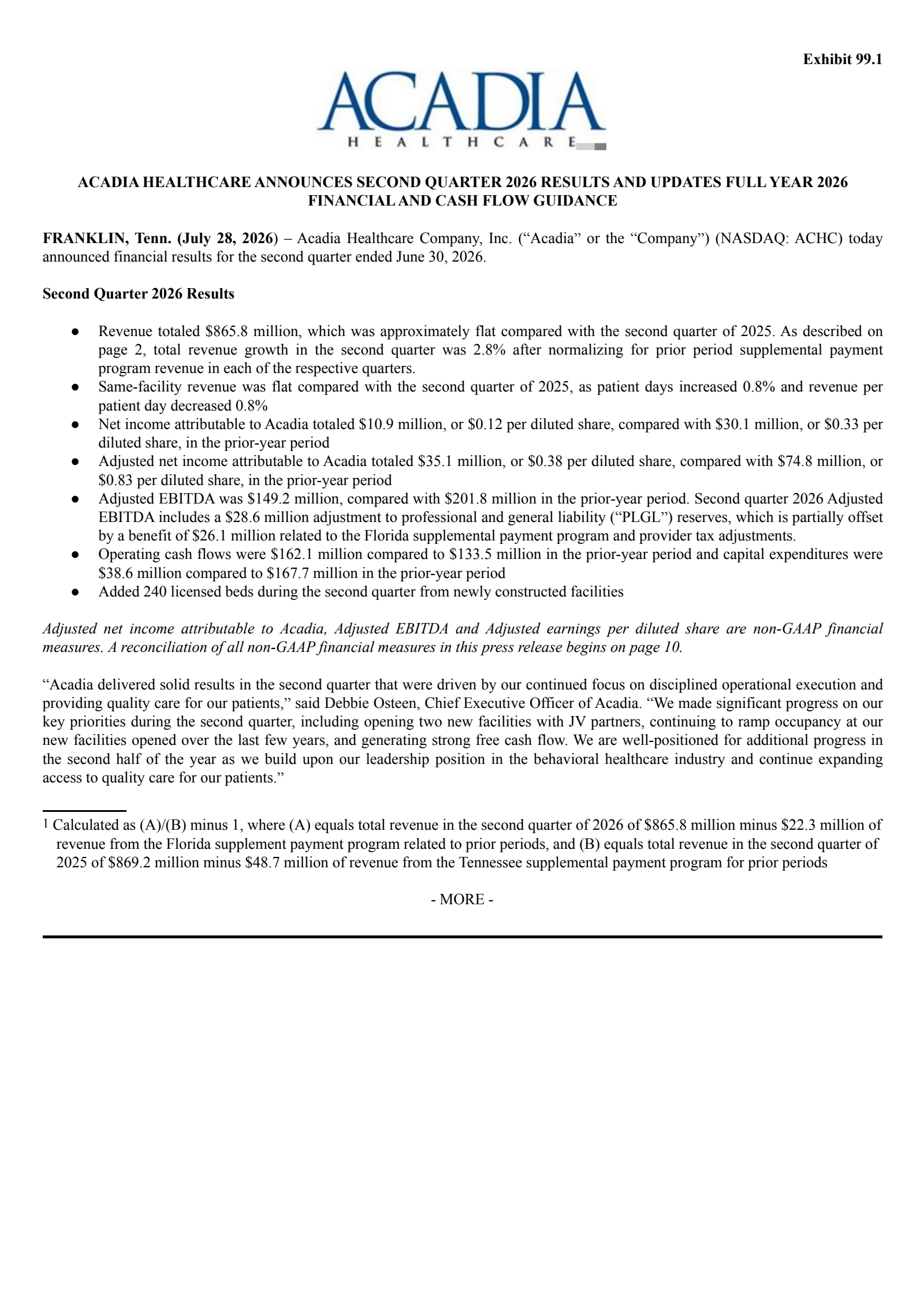 Acadia Healthcare's Q2 2026 Press Release
