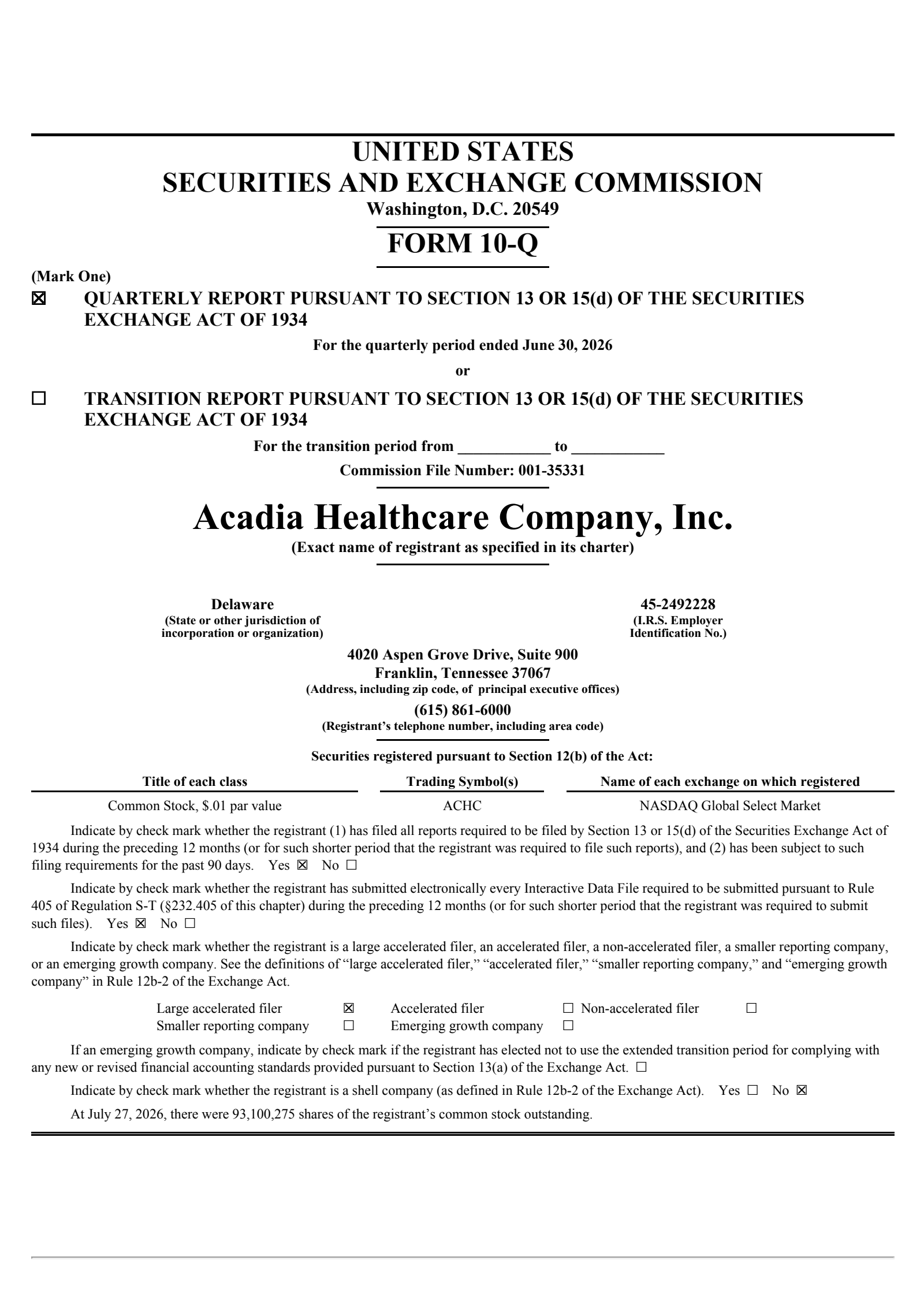 Acadia Healthcare's Q2 2026 Quarterly report