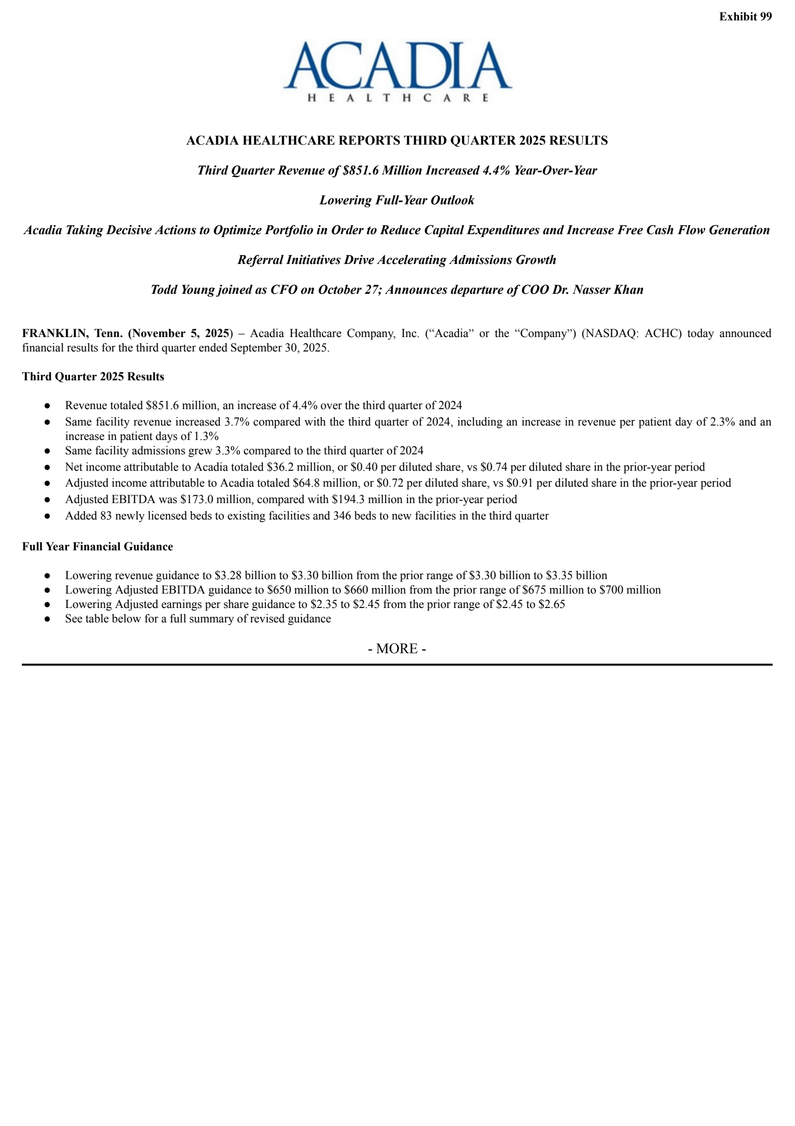 Acadia Healthcare's Q3 2025 Earnings Release