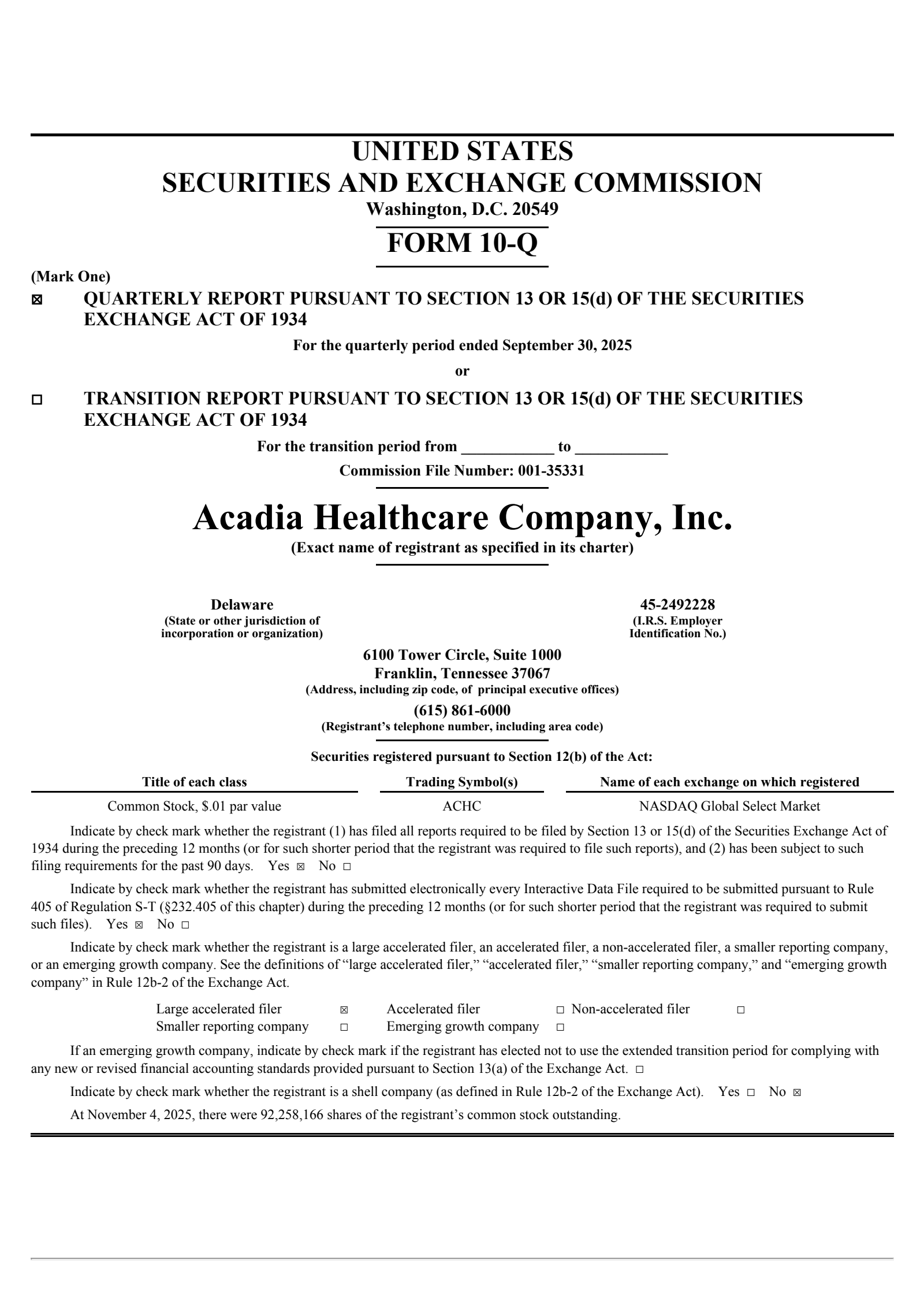 Acadia Healthcare's Q3 2025 Quarterly Report
