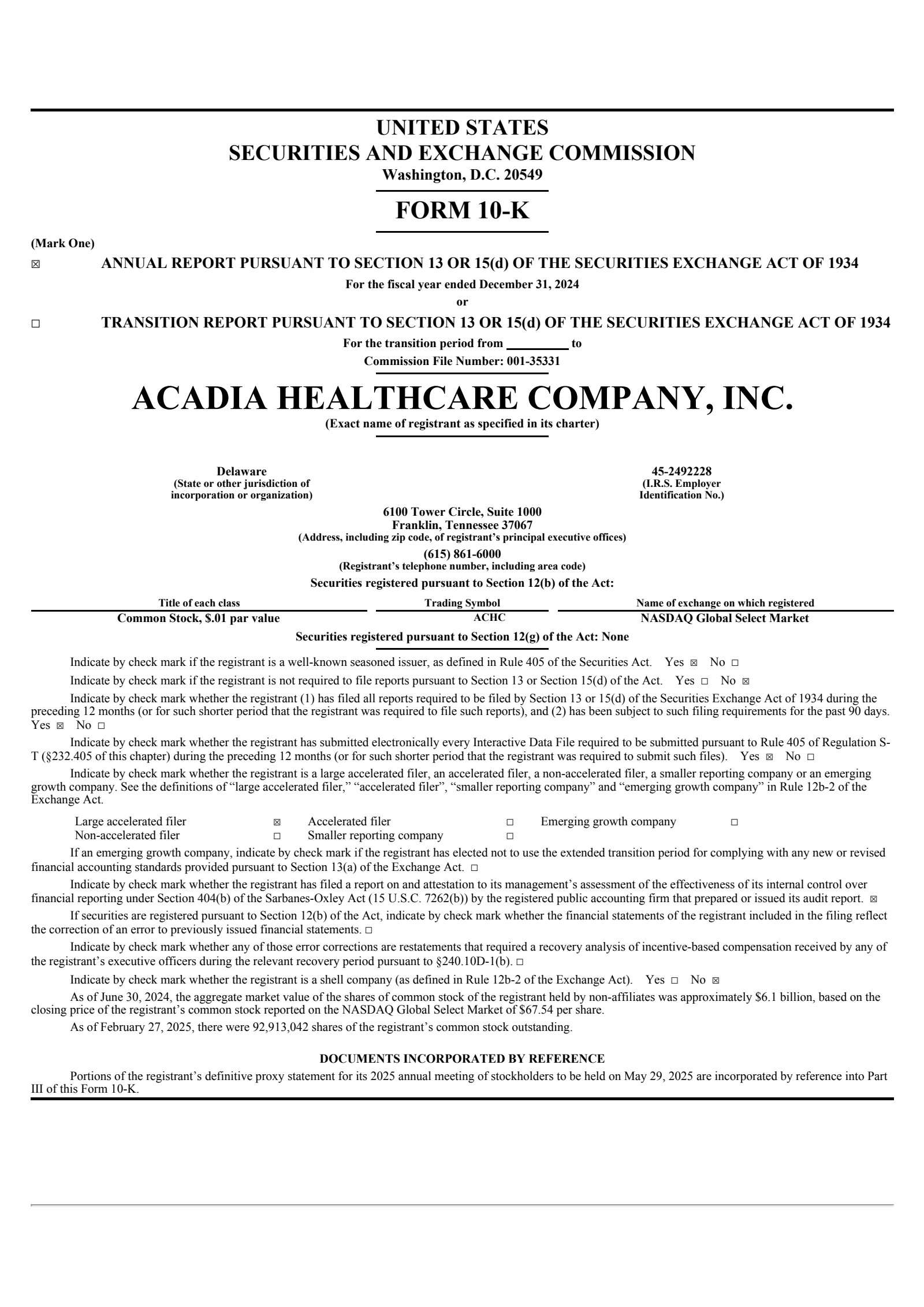 Acadia Healthcare's Q4 2024 Annual report