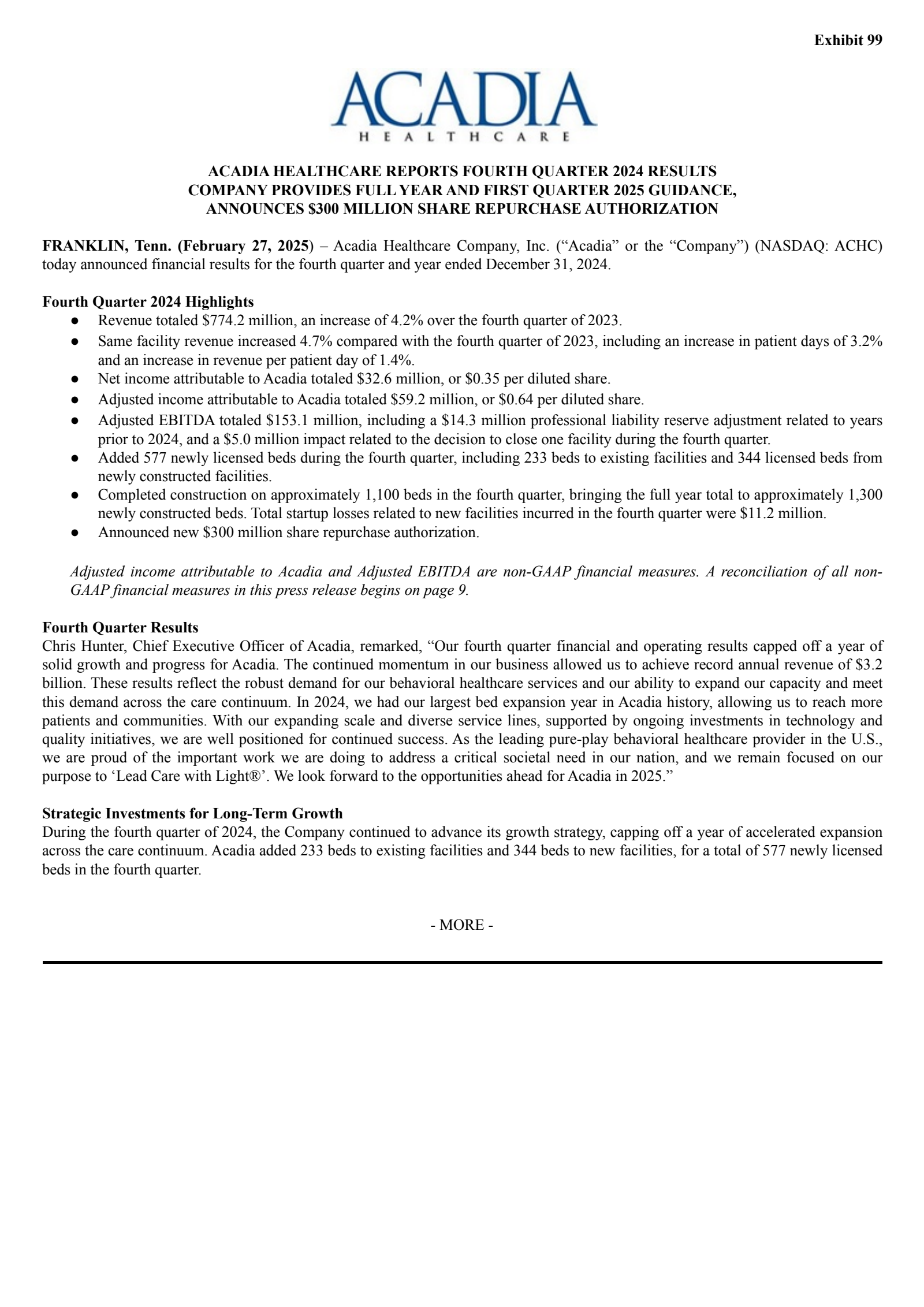 Acadia Healthcare's Q4 2024 Press Release