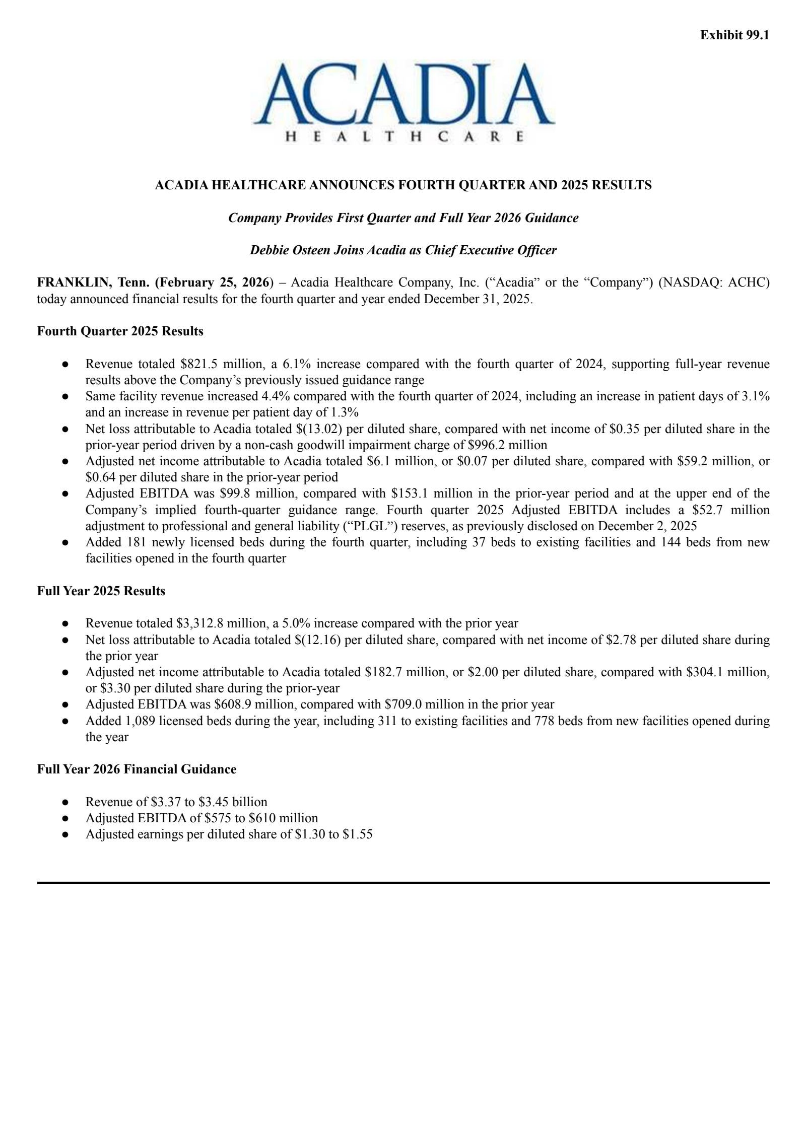 Acadia Healthcare's Q4 2025 Press Release