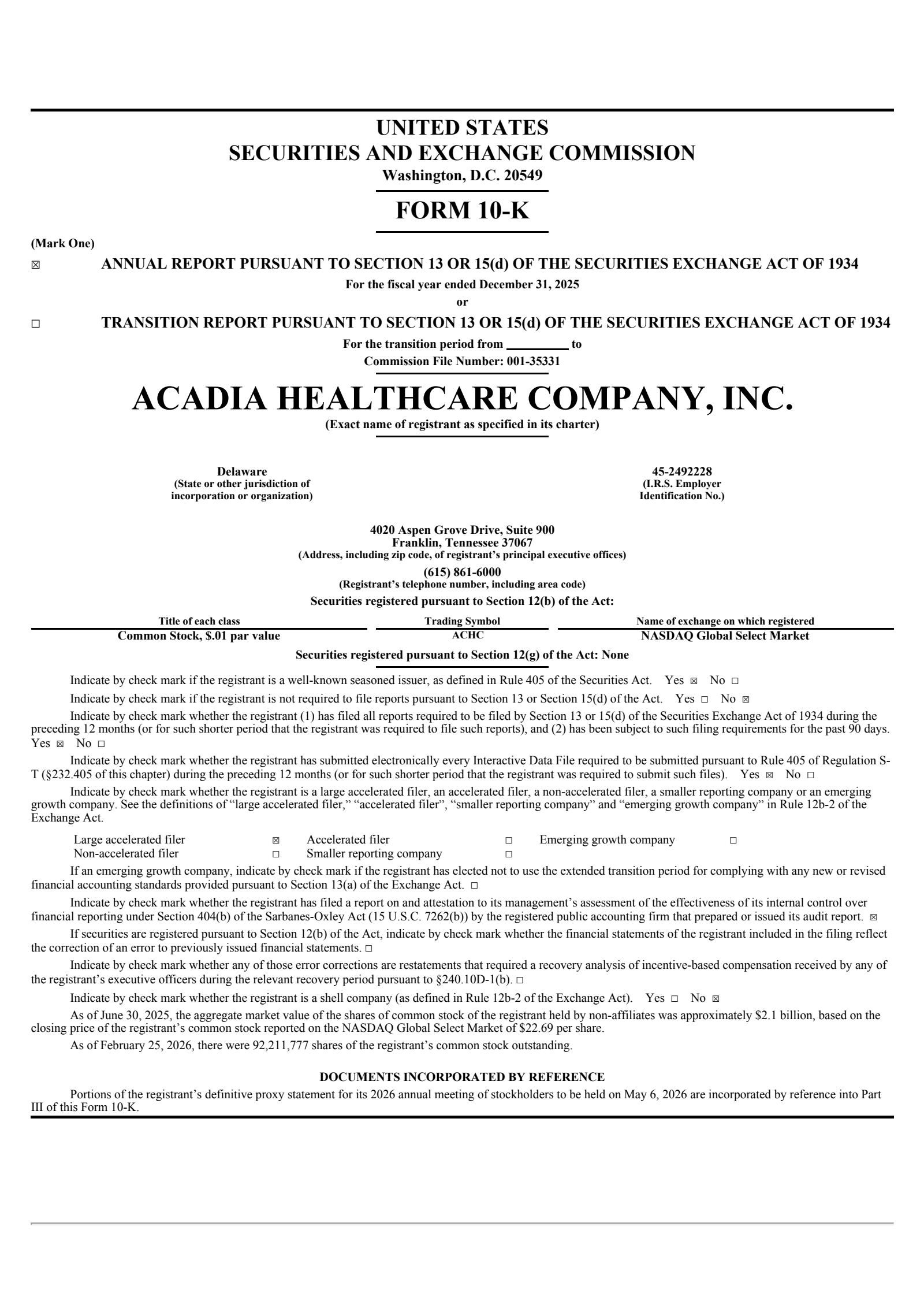 Acadia Healthcare's Q4 2025 Annual report