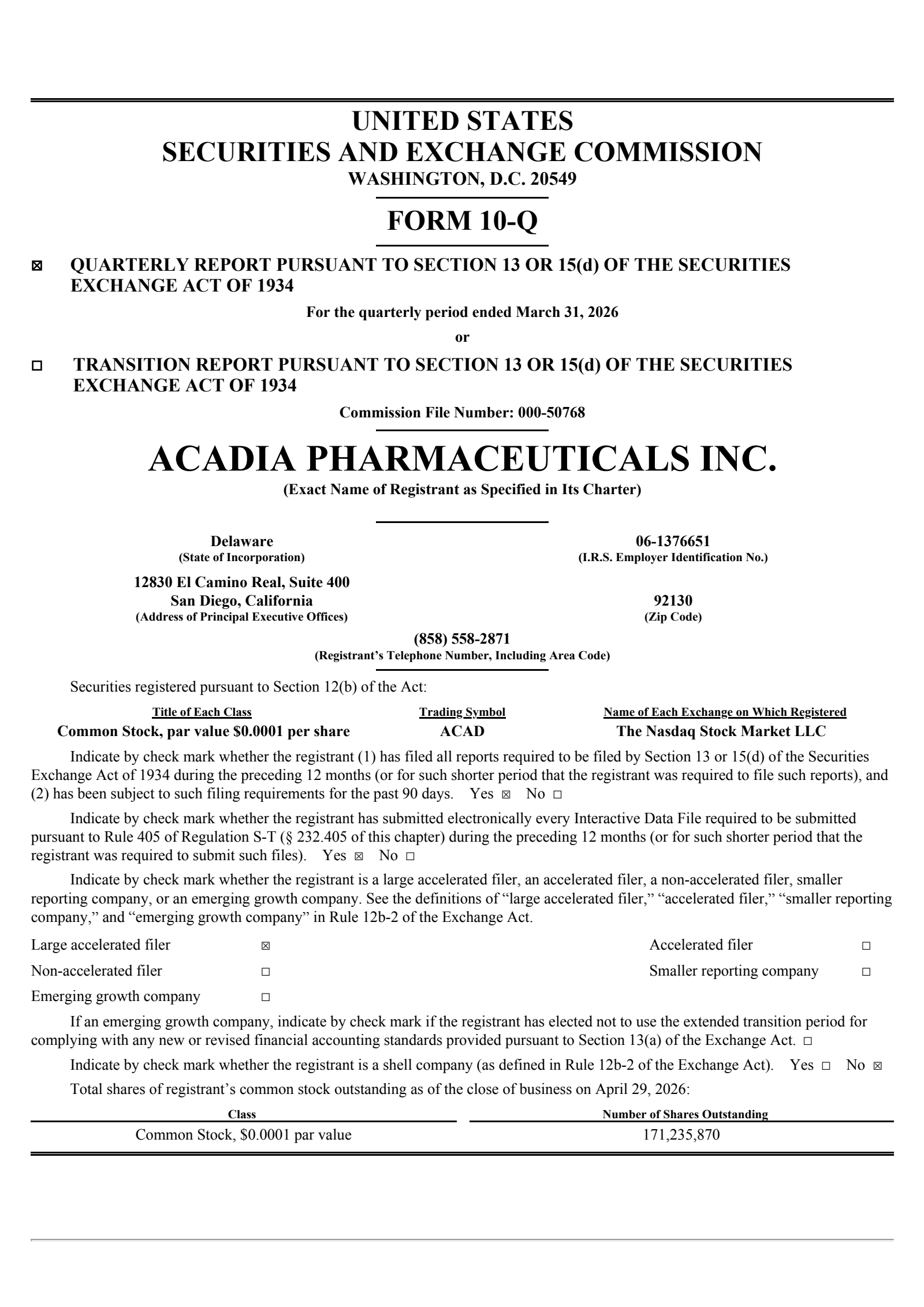 ACADIA Pharmaceuticals' Q1 2026 Quarterly report