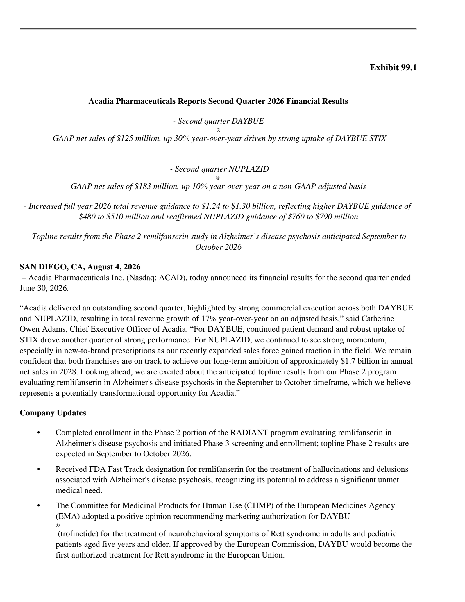 ACADIA Pharmaceuticals' Q2 2026 Press Release