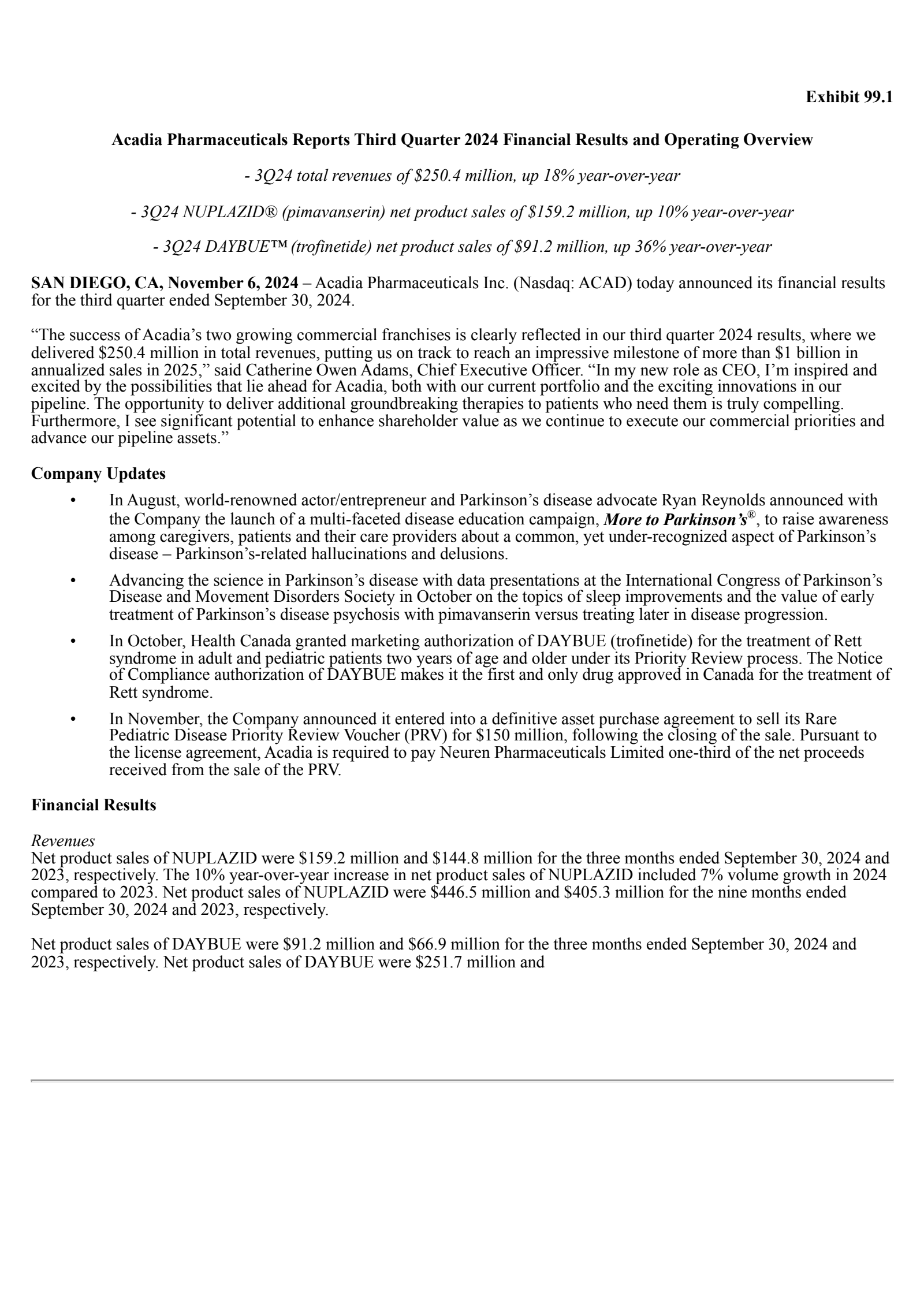 ACADIA Pharmaceuticals' Q3 2024 Press Release