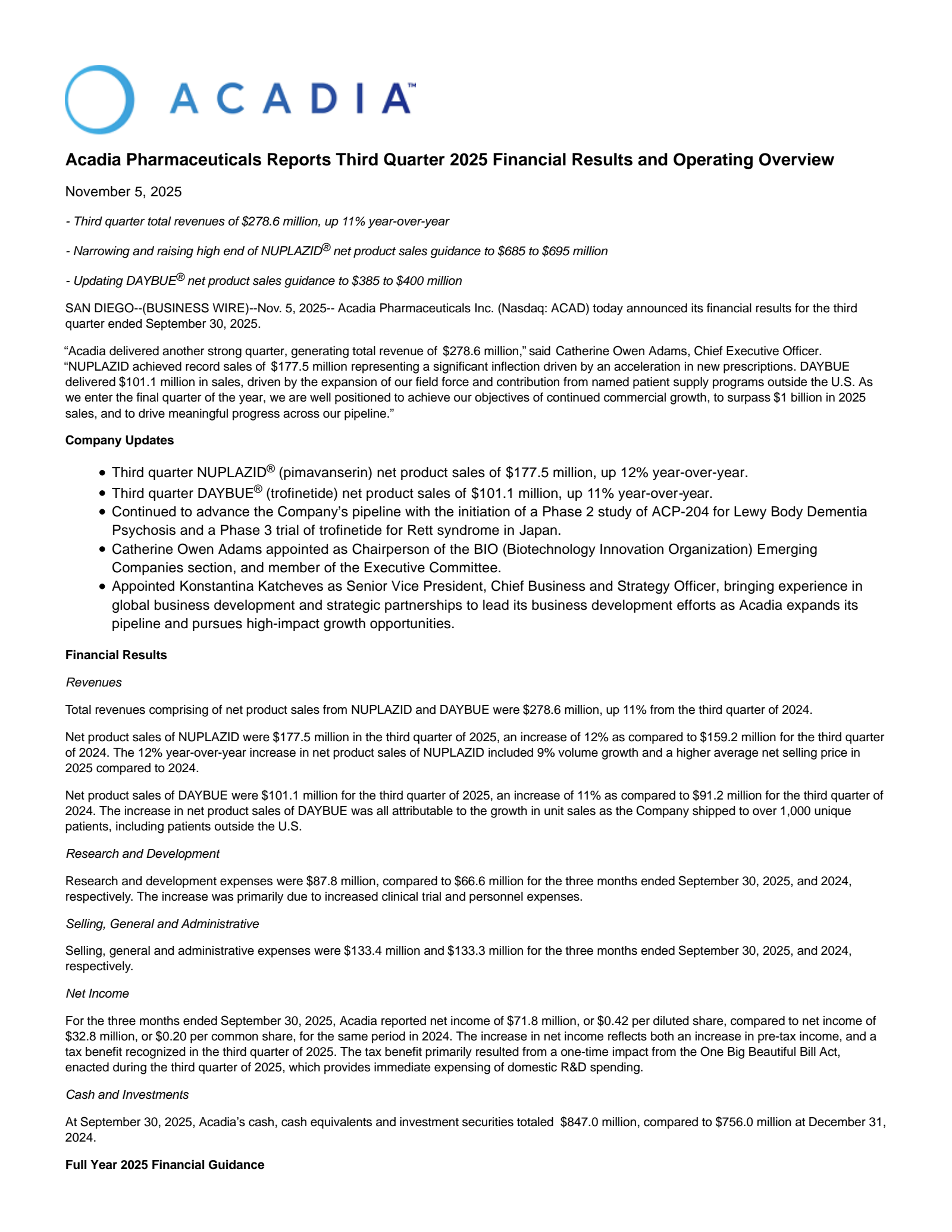ACADIA Pharmaceuticals' Q3 2025 Earnings Release