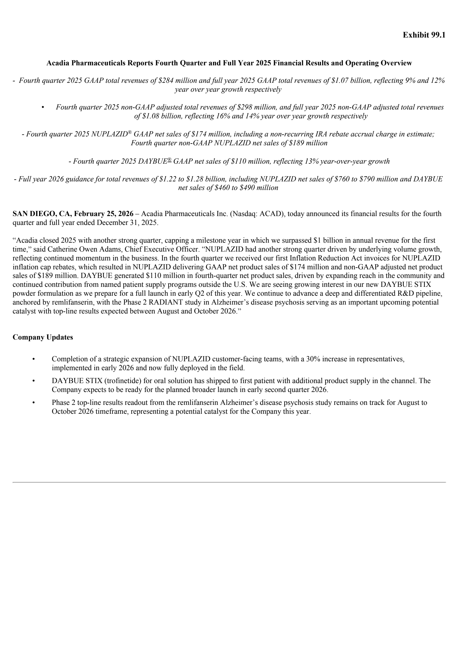 ACADIA Pharmaceuticals' Q4 2025 Press Release