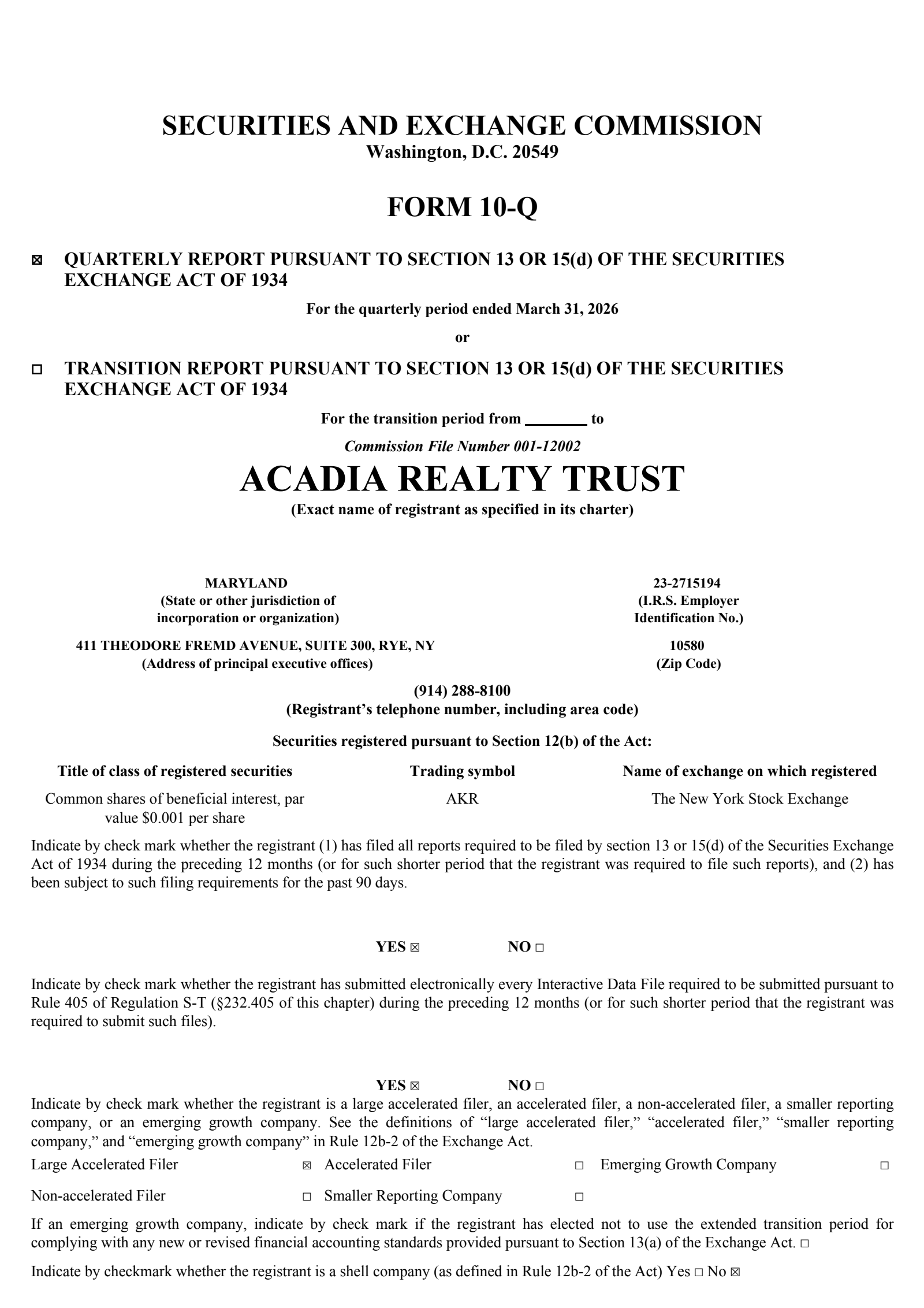 Acadia Realty Trust's Q1 2026 Quarterly report