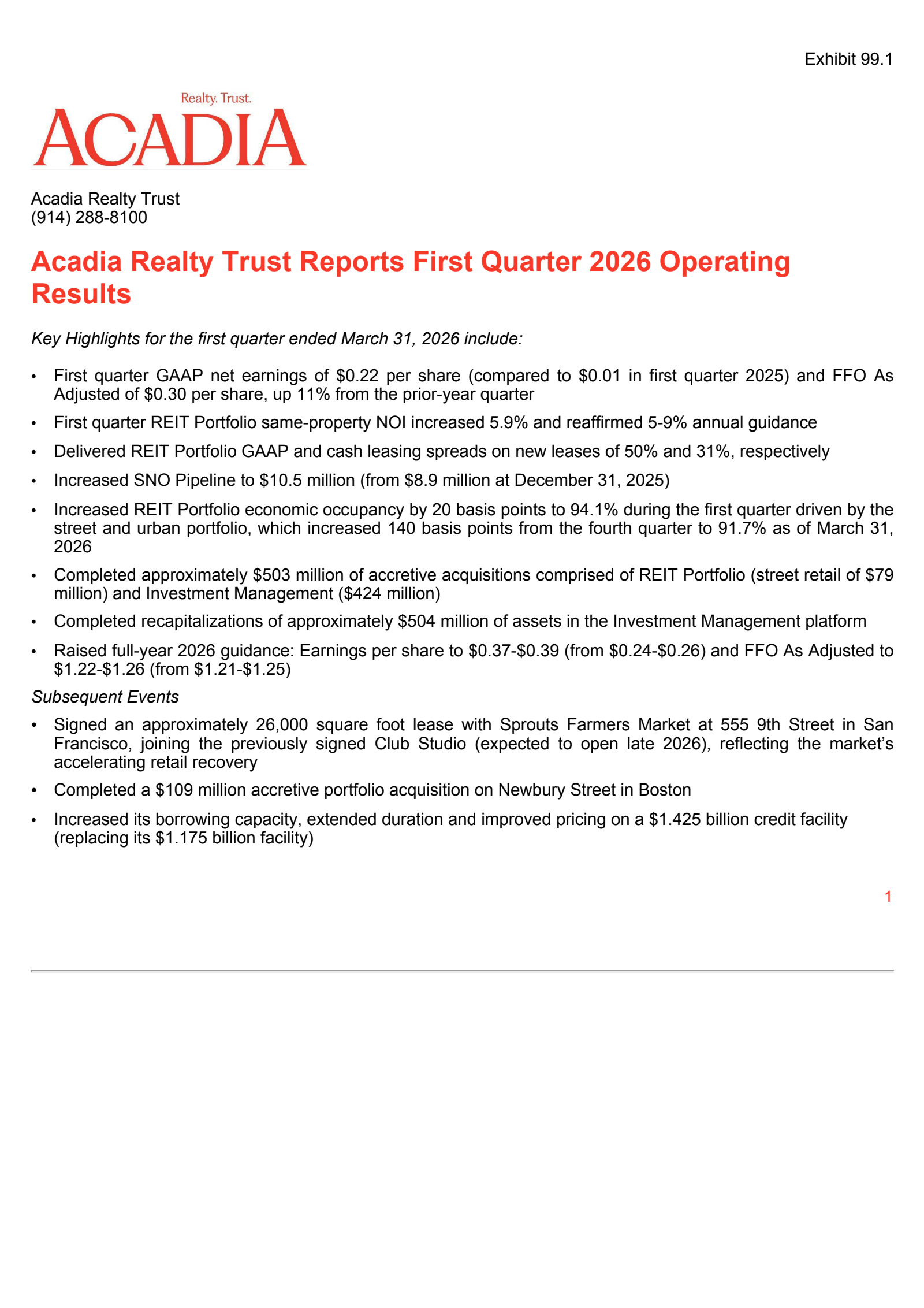 Acadia Realty Trust's Q1 2026 Press Release