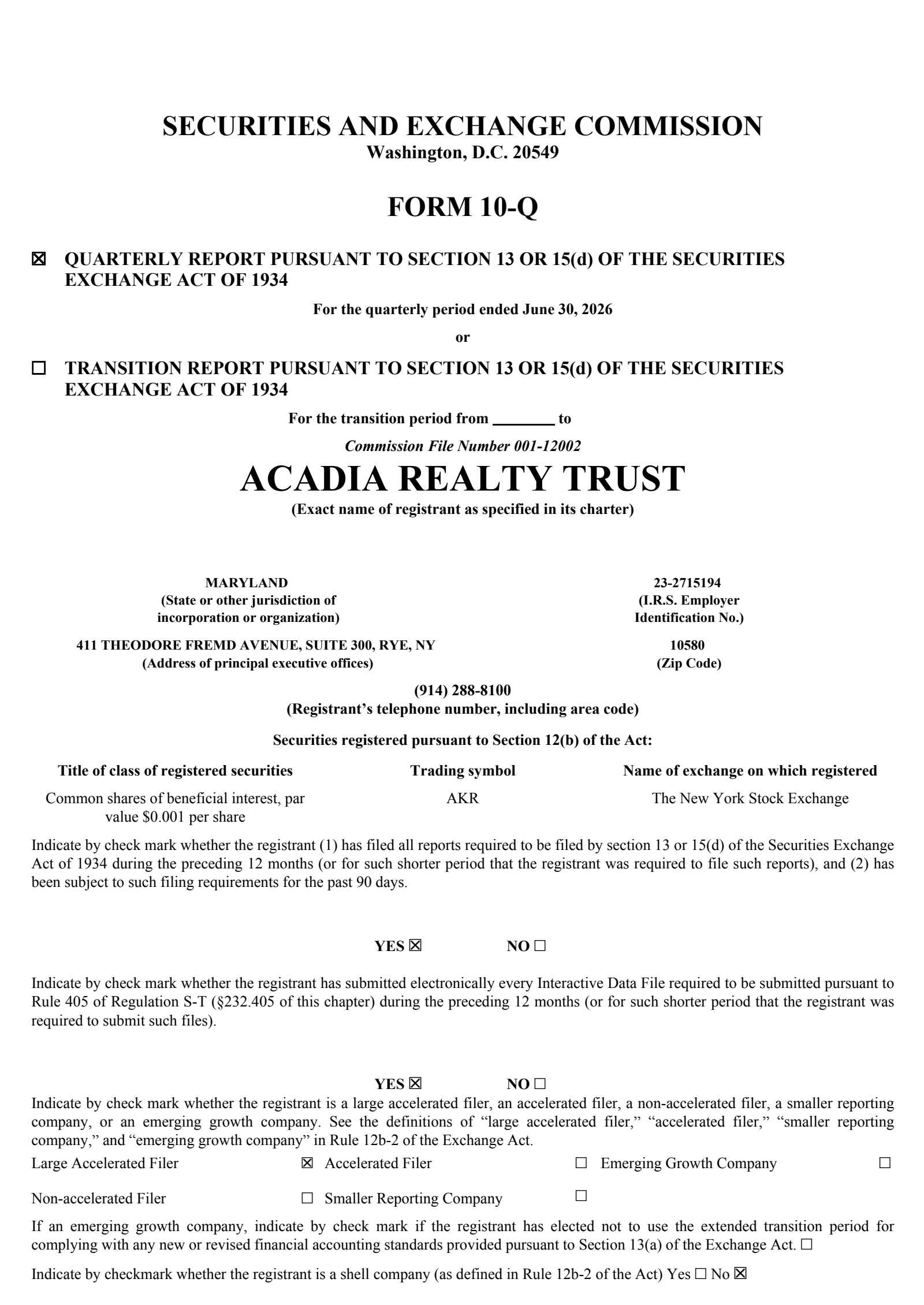 Acadia Realty Trust's Q2 2026 Quarterly report