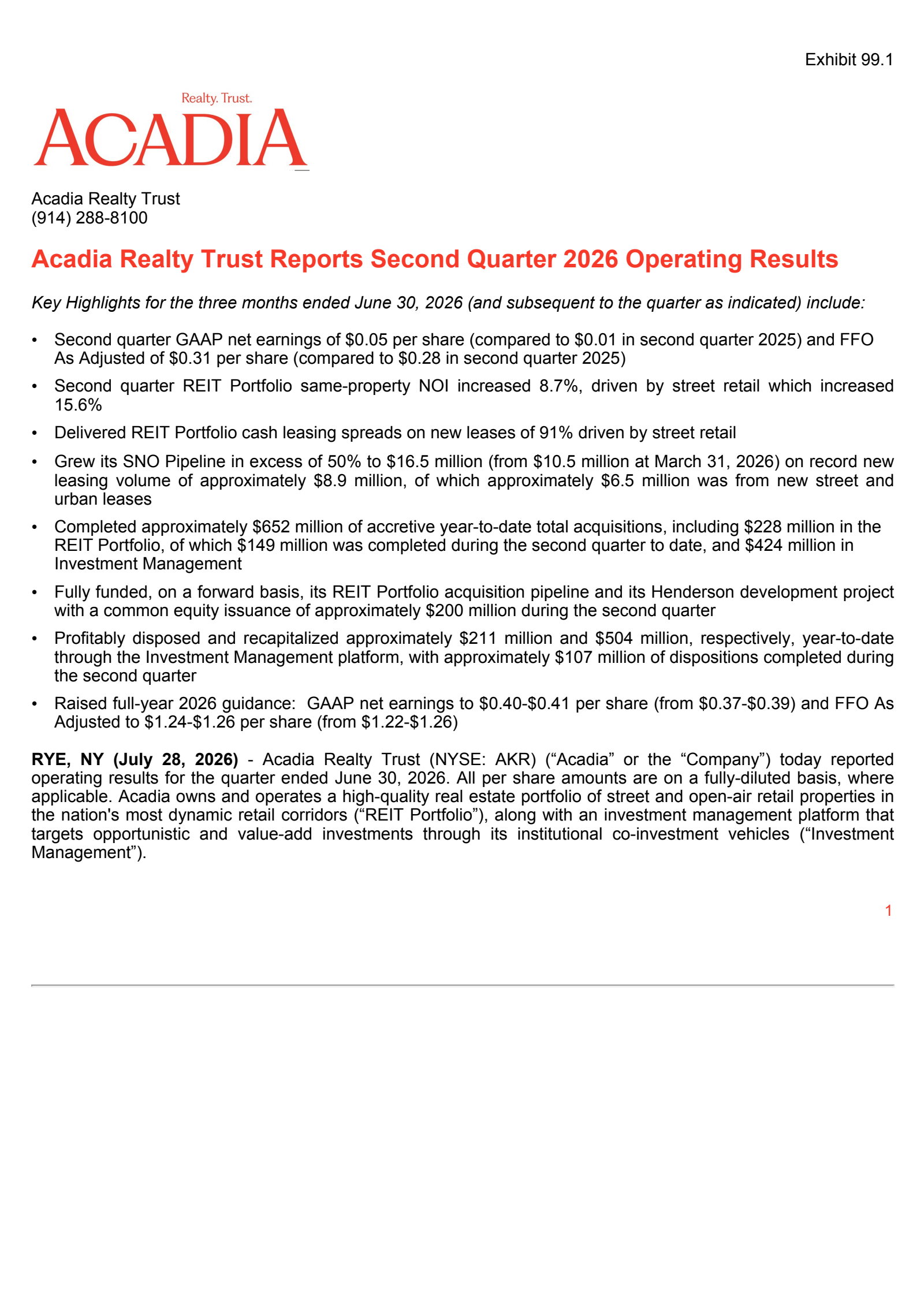 Acadia Realty Trust's Q2 2026 Press Release