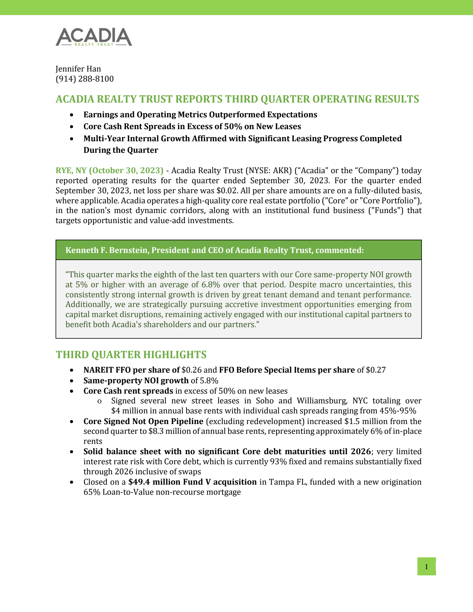 Acadia Realty Trust's Q3 2023 Press Release