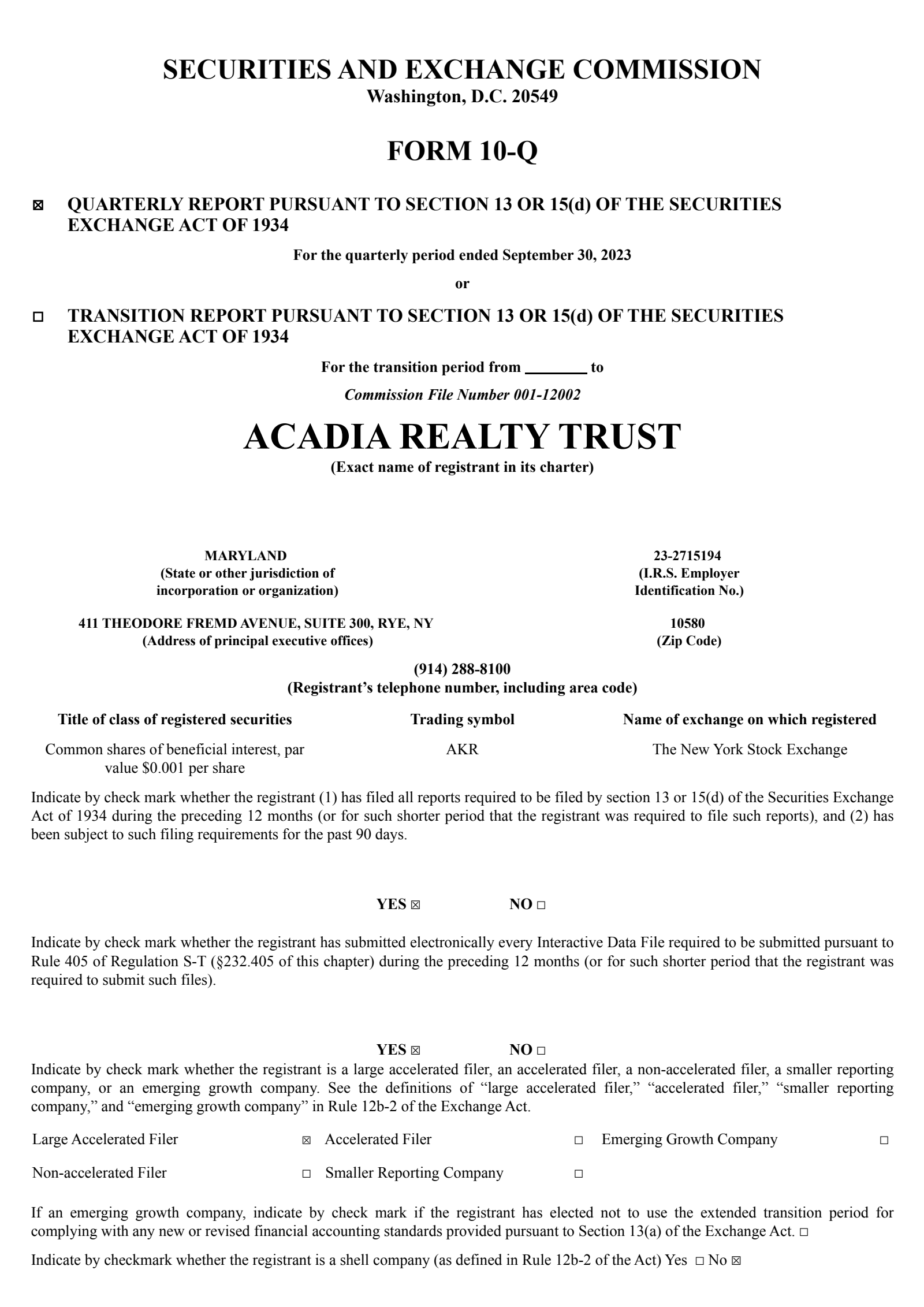 Acadia Realty Trust's Q3 2023 Quarterly report