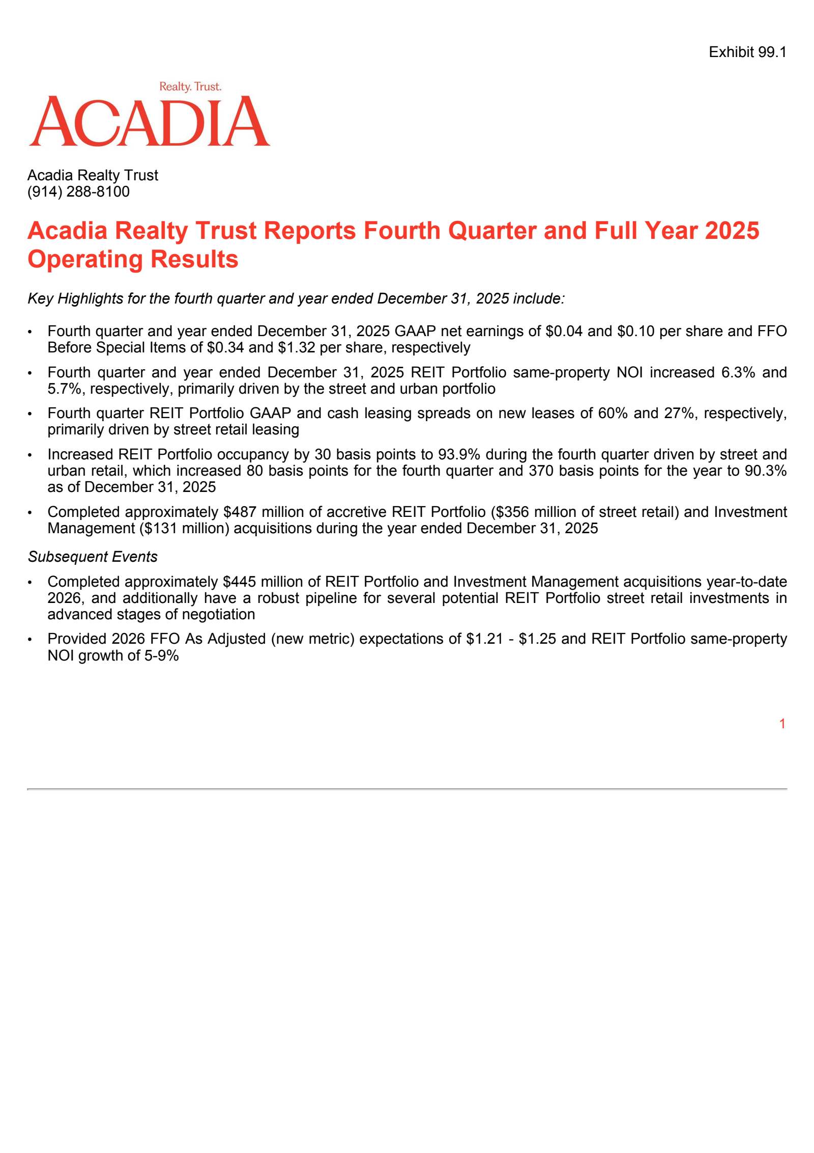 Acadia Realty Trust's Q4 2025 Press Release