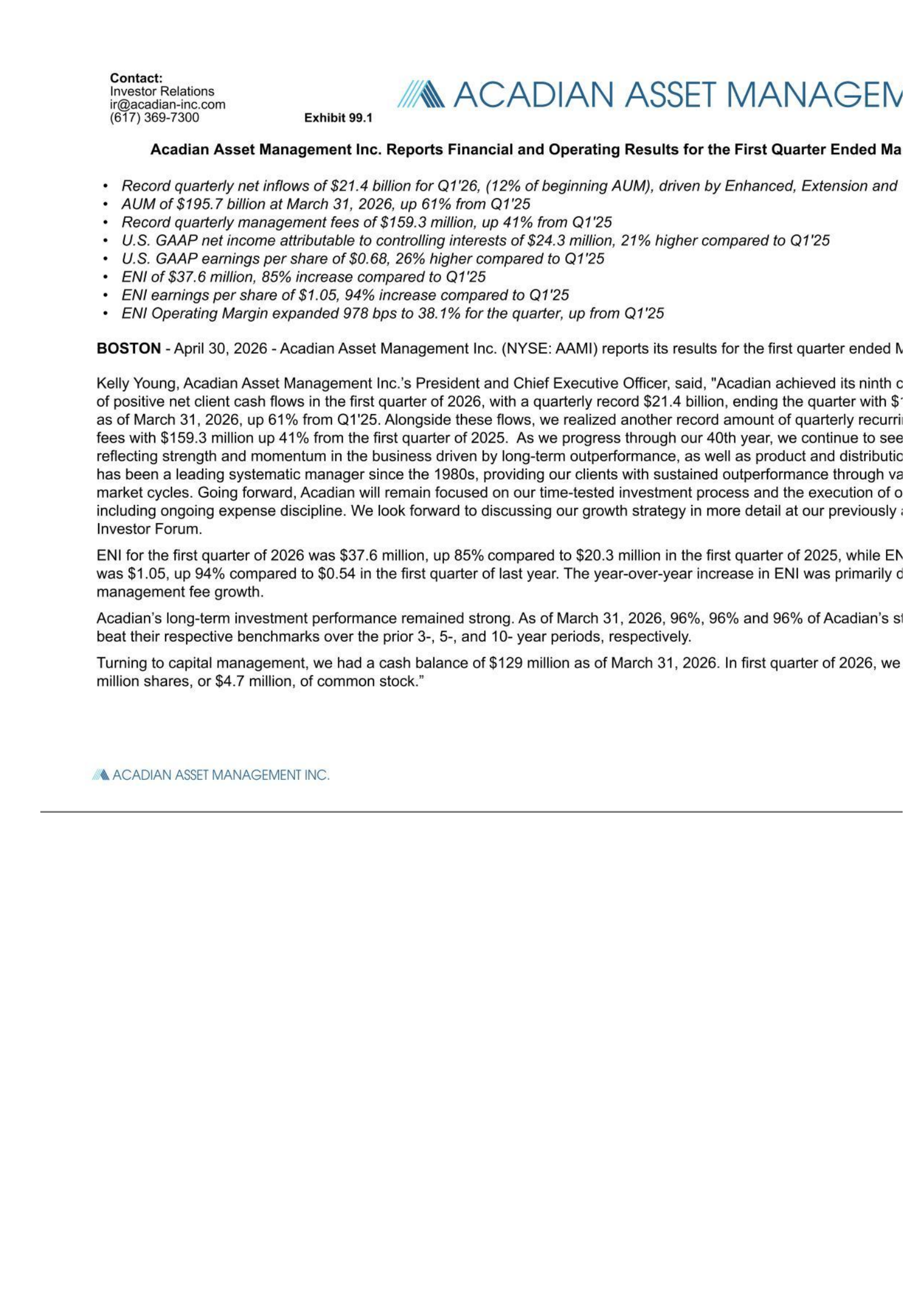Acadian Asset Management's Q1 2026 Press Release