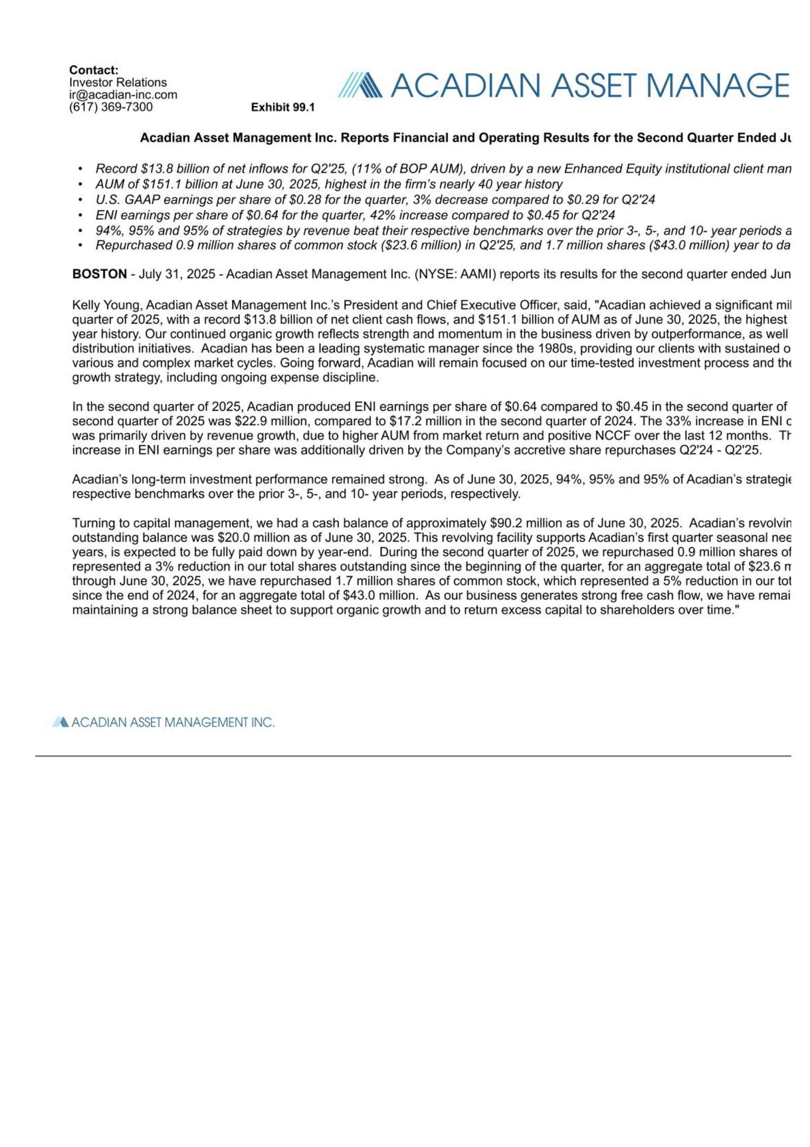 Acadian Asset Management's Q2 2025 Press Release