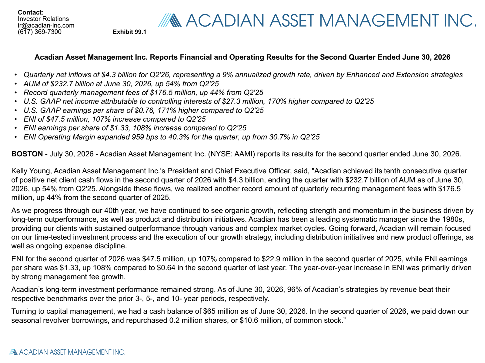 Acadian Asset Management's Q2 2026 Press Release