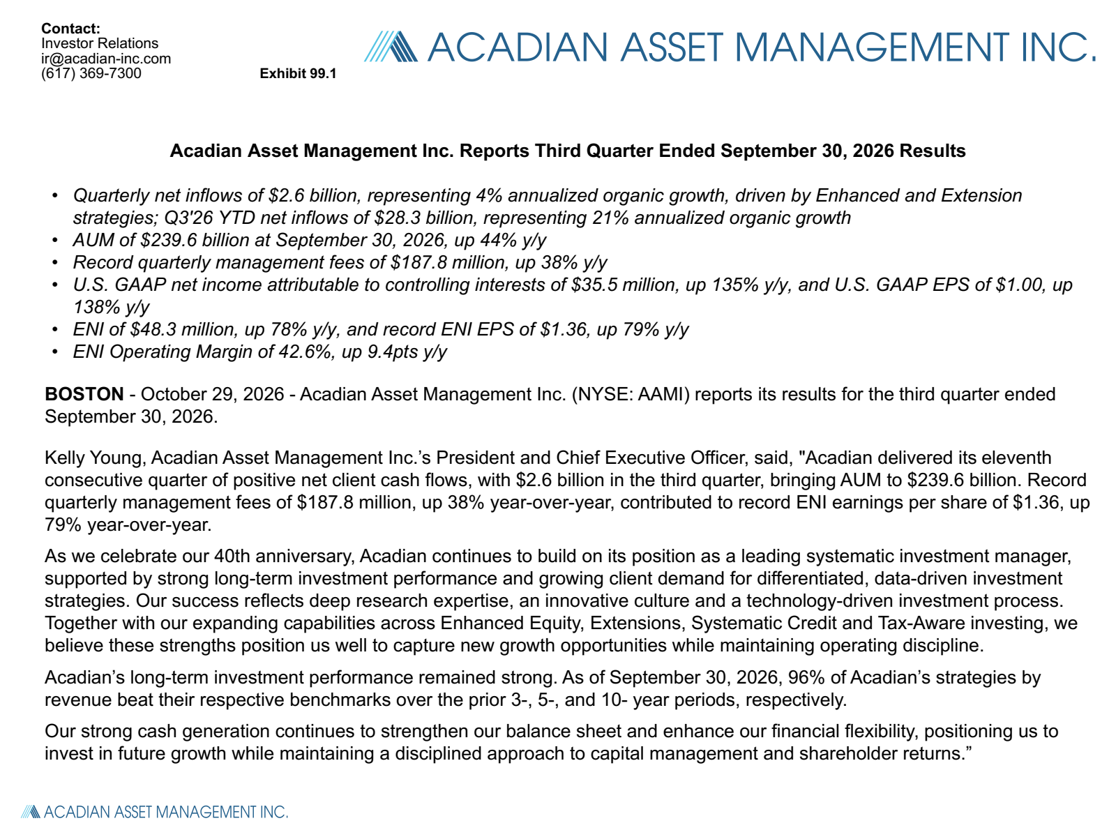 Acadian Asset Management's Q3 2026 Press Release