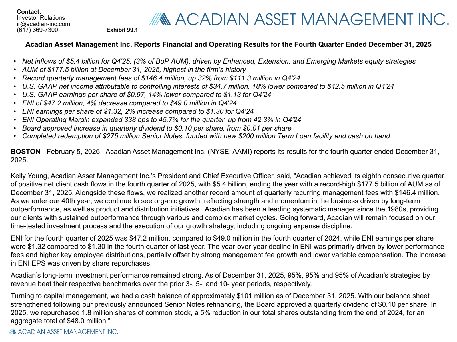 Acadian Asset Management's Q4 2025 Press Release