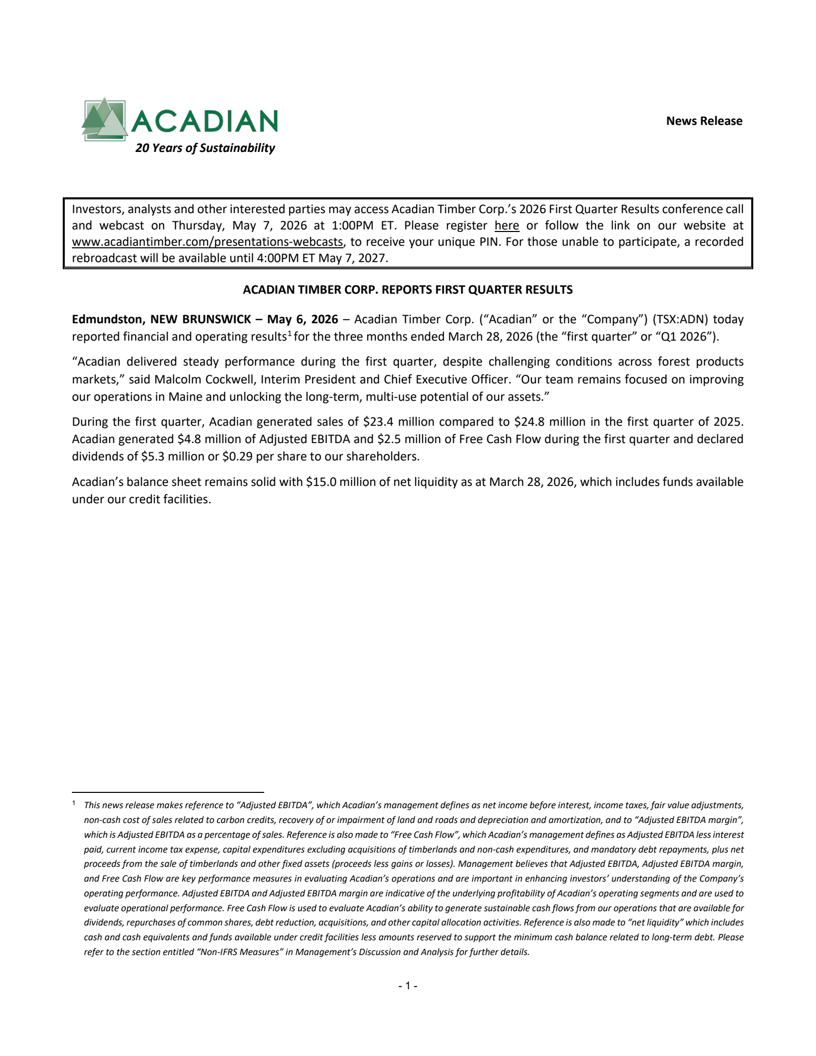 Acadian Timber's Q1 2026 Press Release