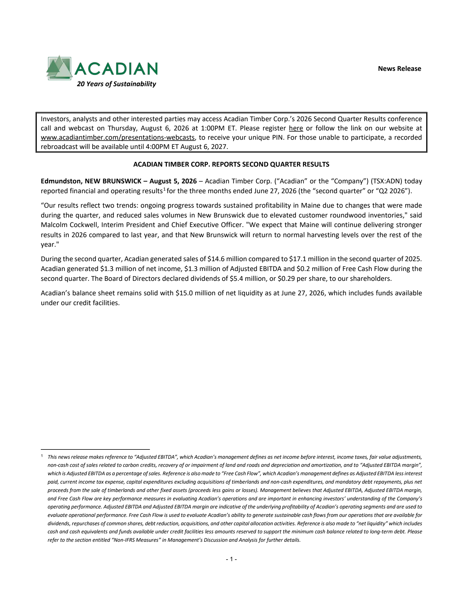 Acadian Timber's Q2 2026 Press Release