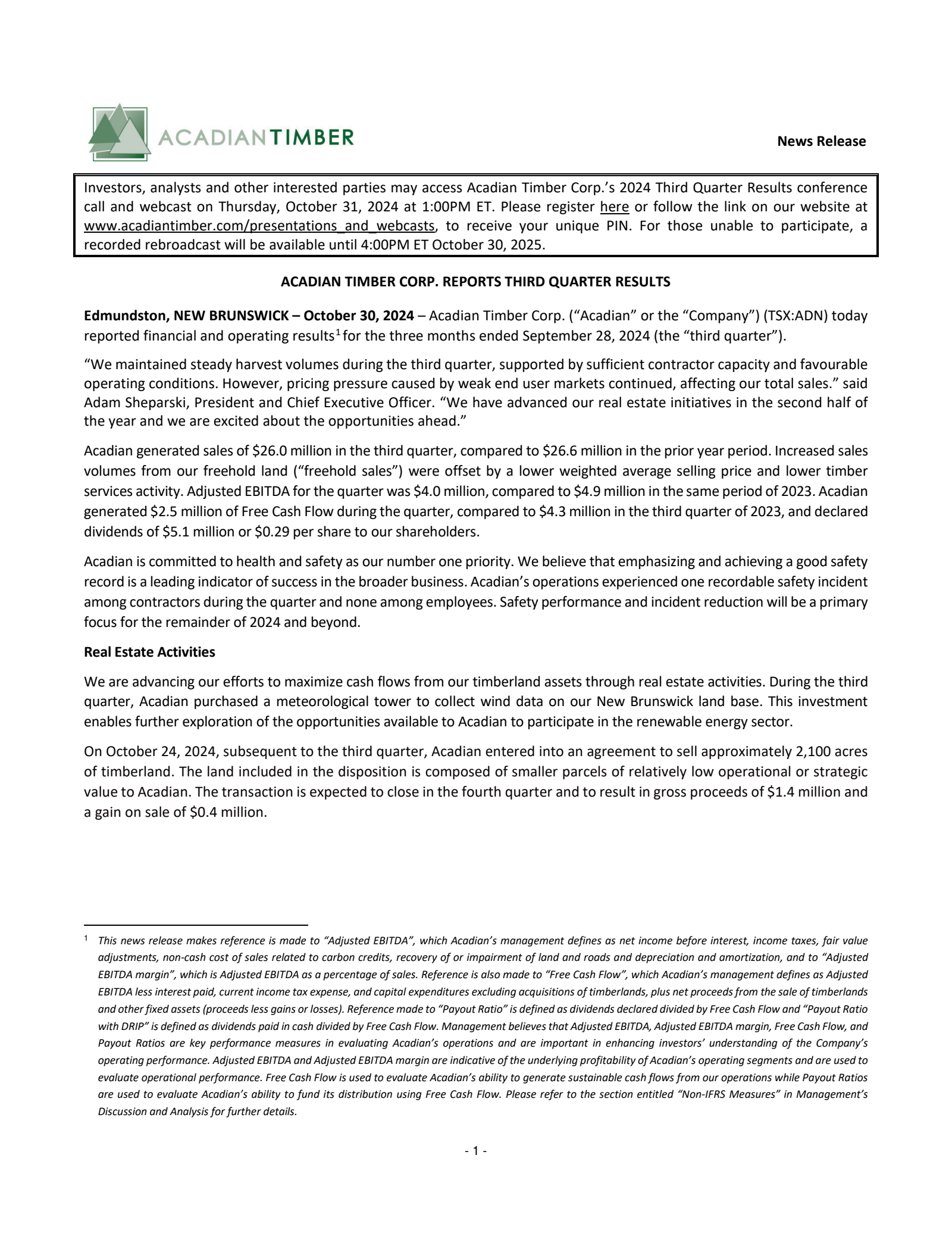 Acadian Timber's Q3 2024 Press Release
