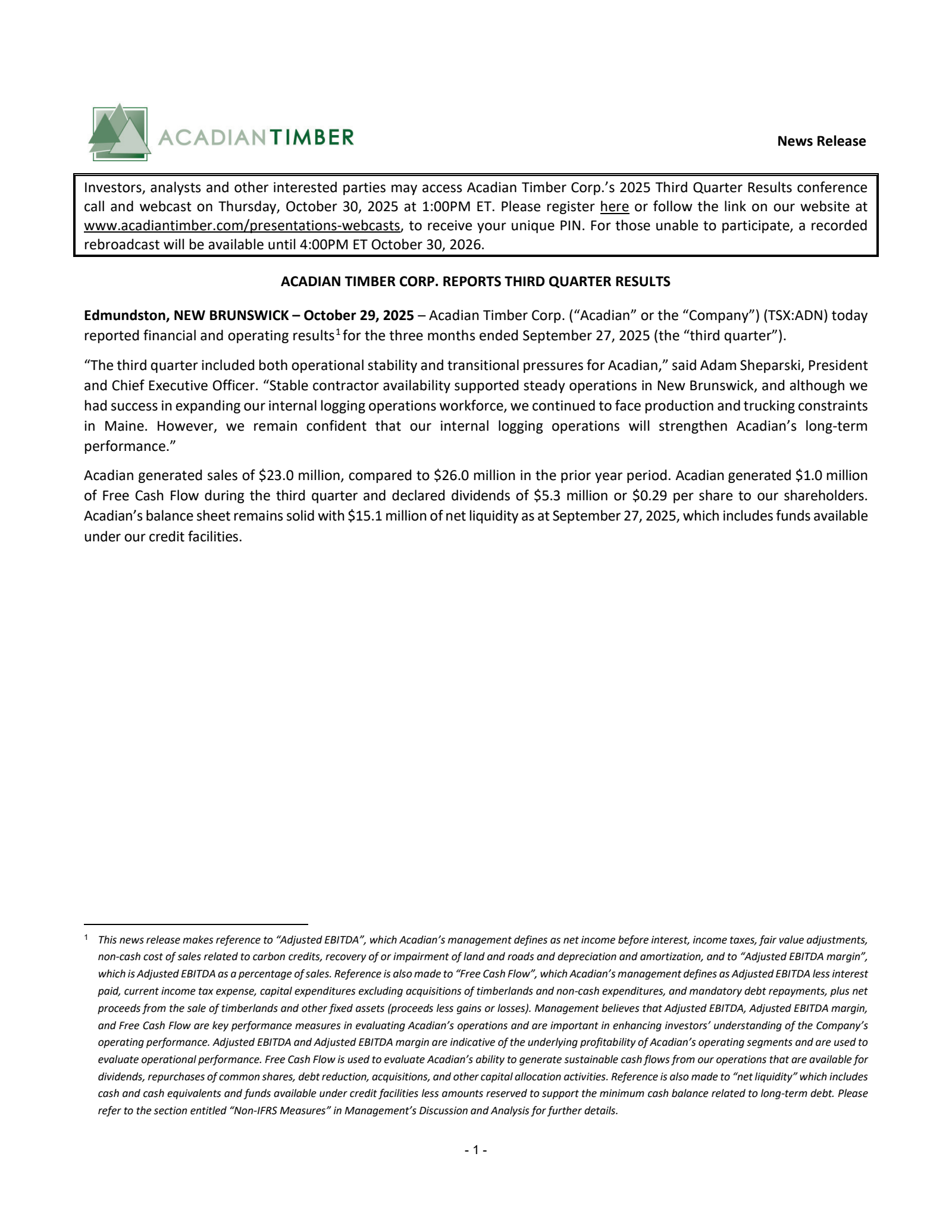 Acadian Timber's Q3 2025 Earnings Release
