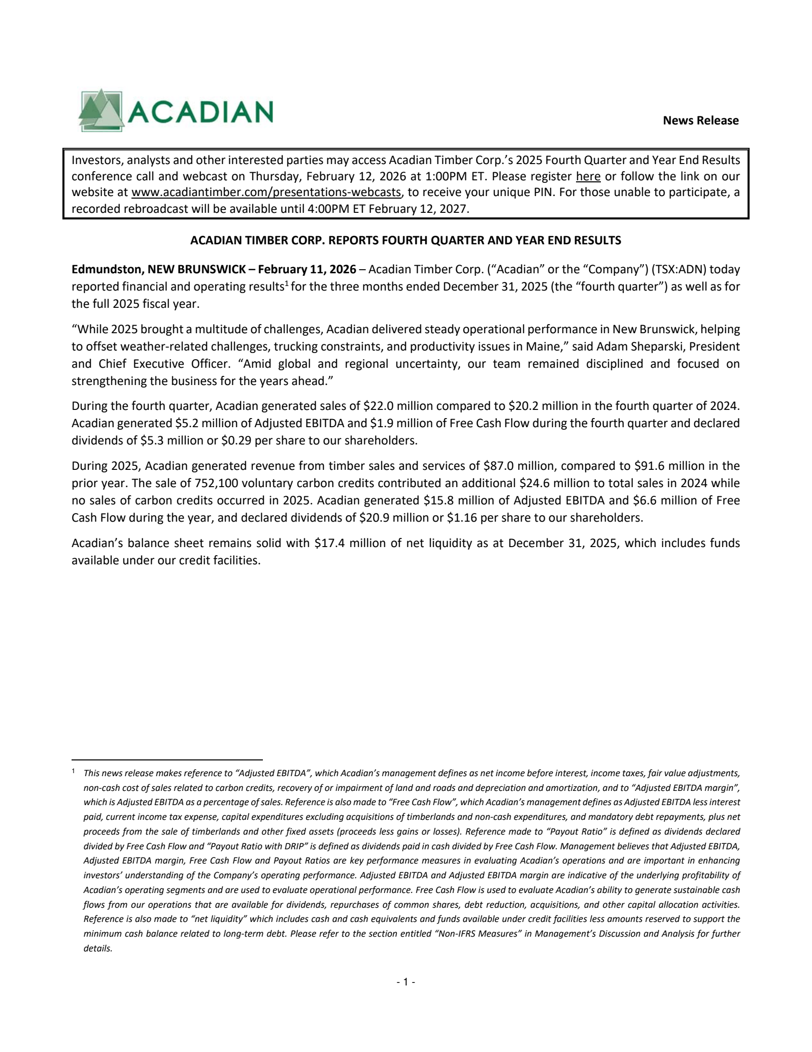 Acadian Timber's Q4 2025 Press Release