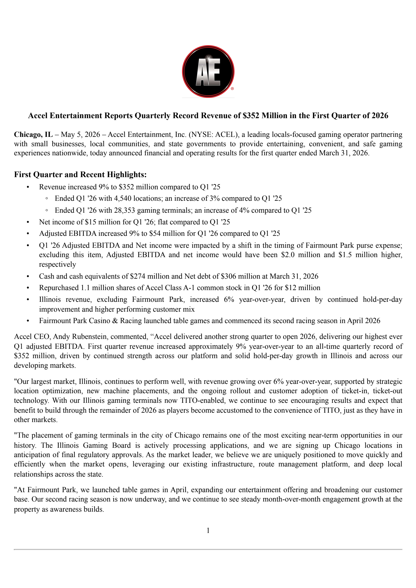 Accel Entertainment's Q1 2026 Press Release