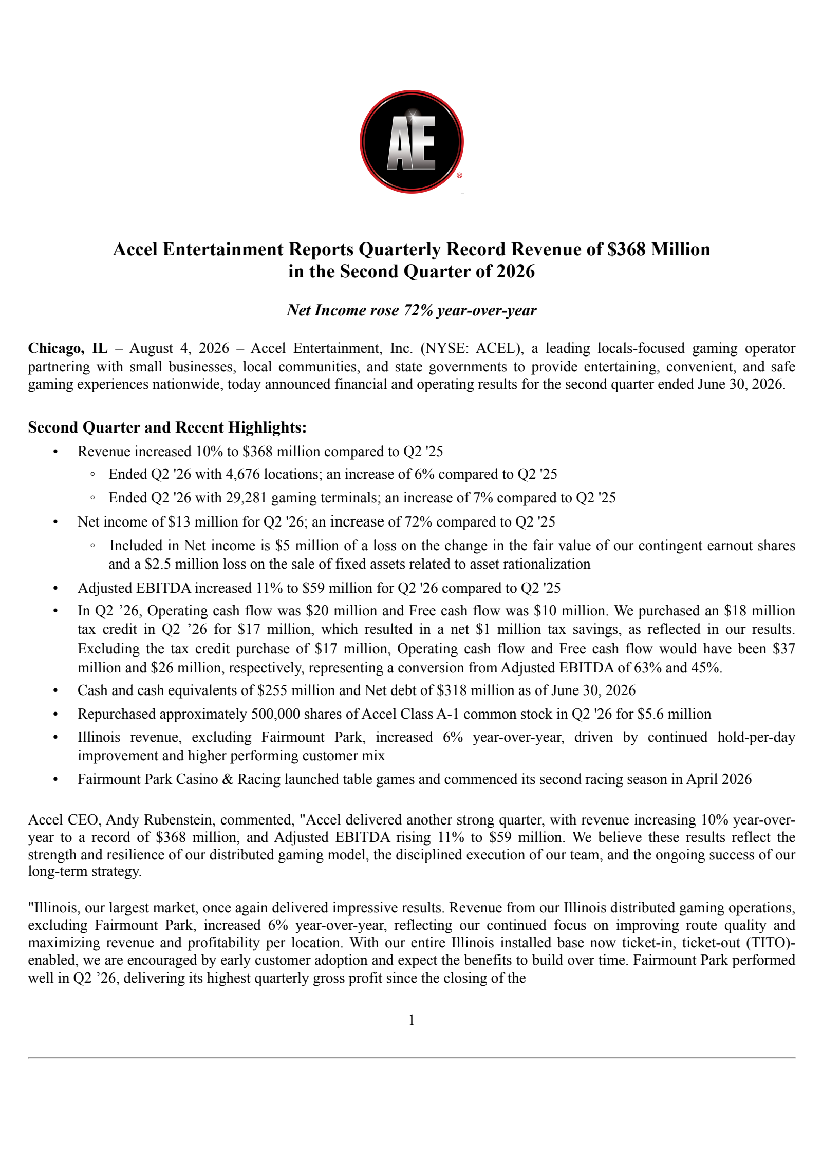 Accel Entertainment's Q2 2026 Press Release