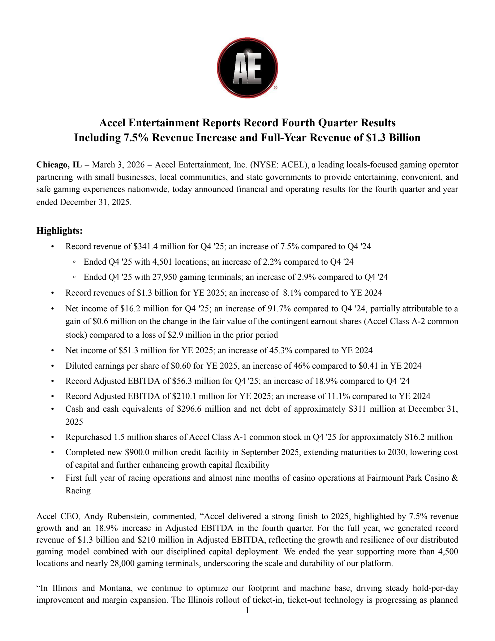 Accel Entertainment's Q4 2025 Press Release