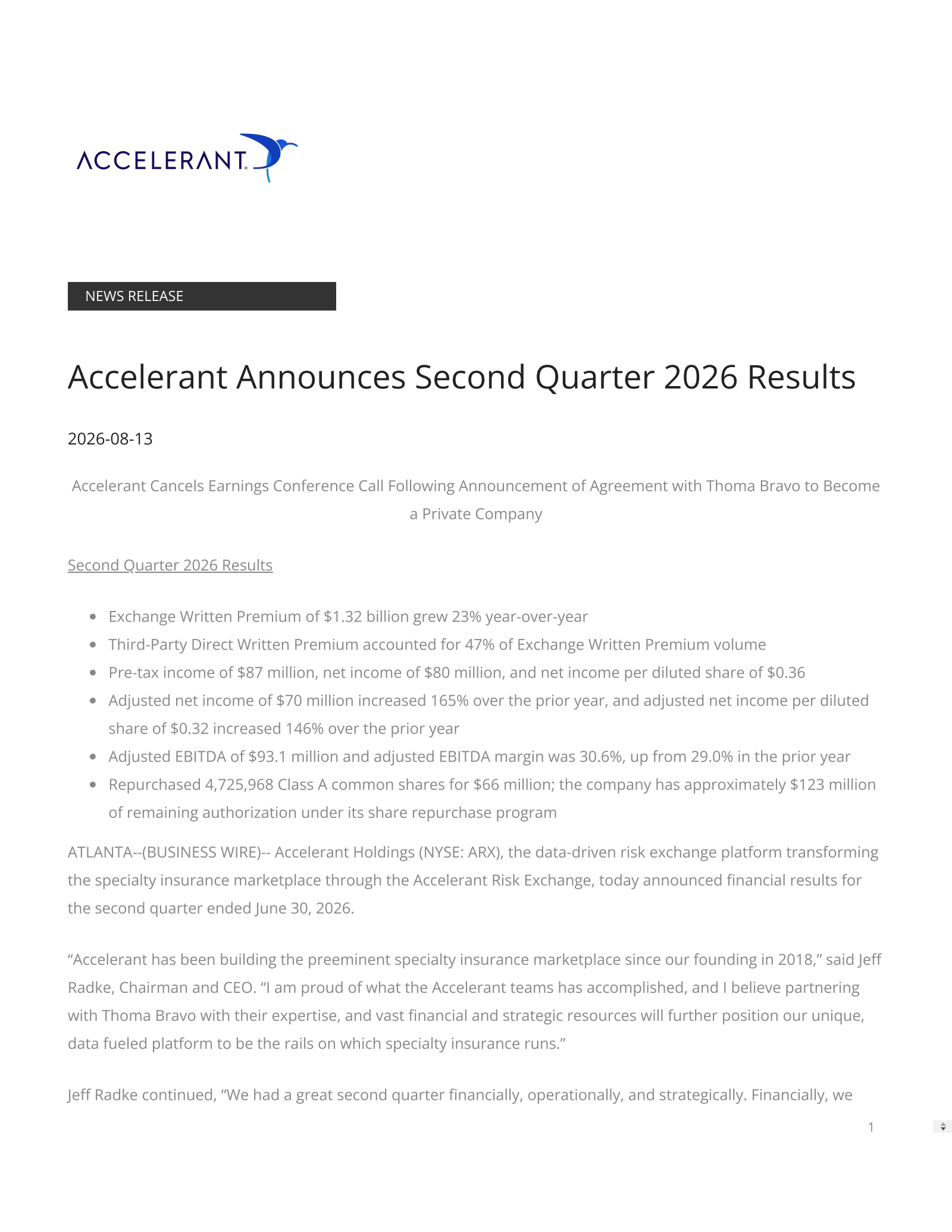 Accelerant's Q2 2026 Press Release
