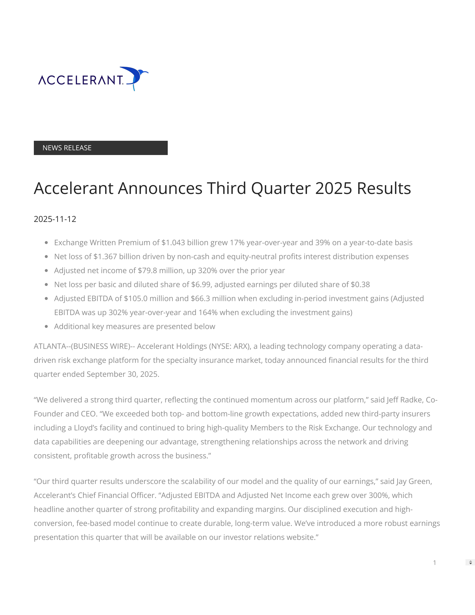 Accelerant's Q3 2025 Earnings Release