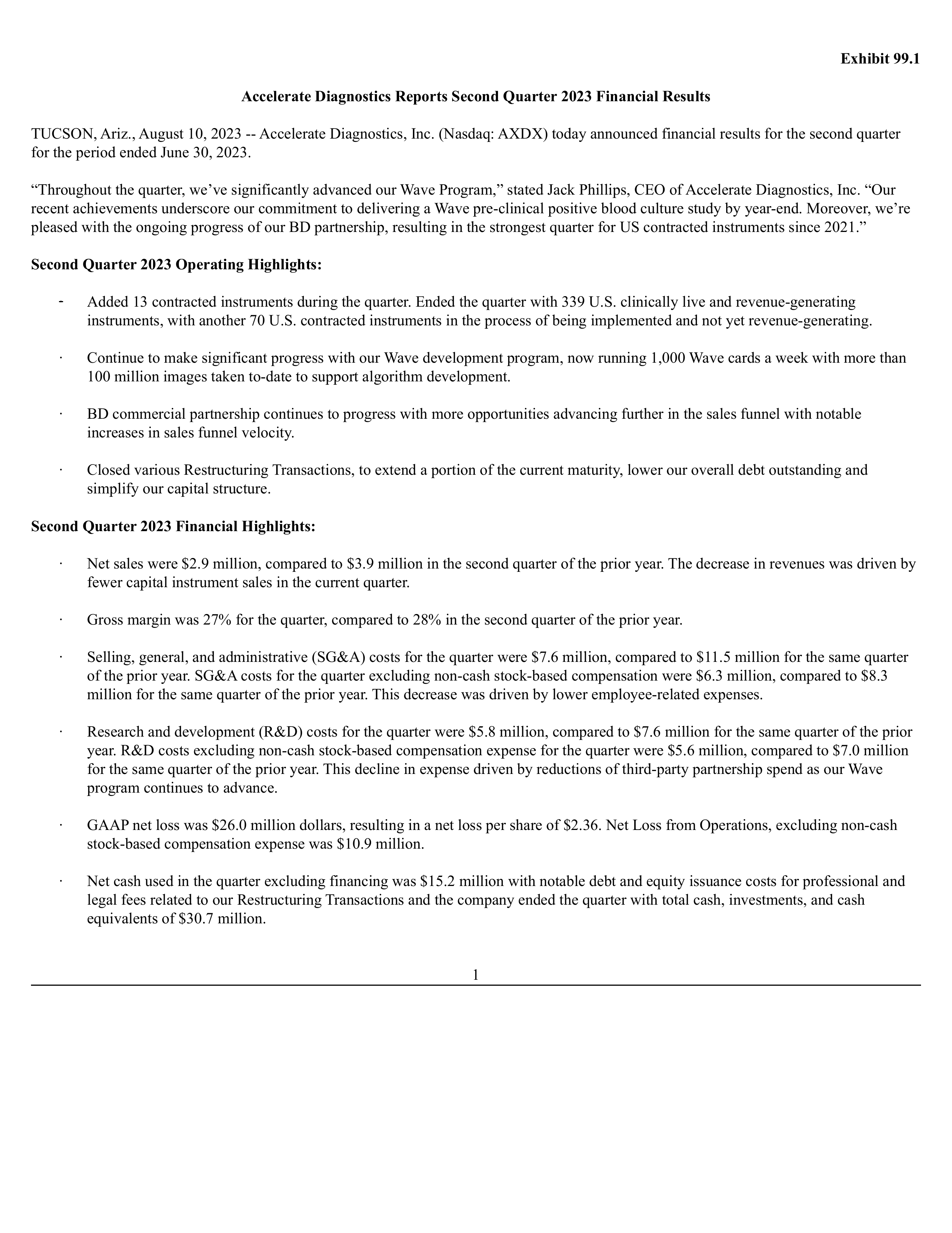 Accelerate Diagnostics' Q2 2023 Press Release