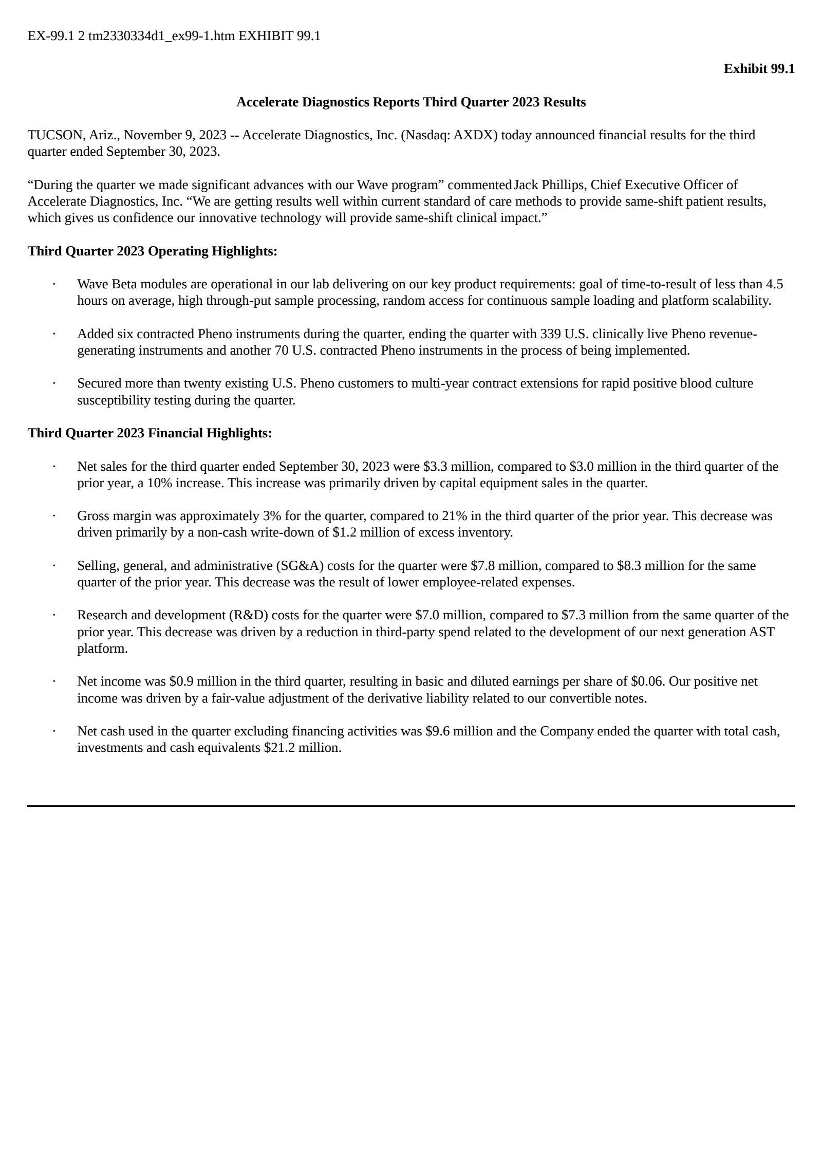 Accelerate Diagnostics' Q3 2023 Press Release