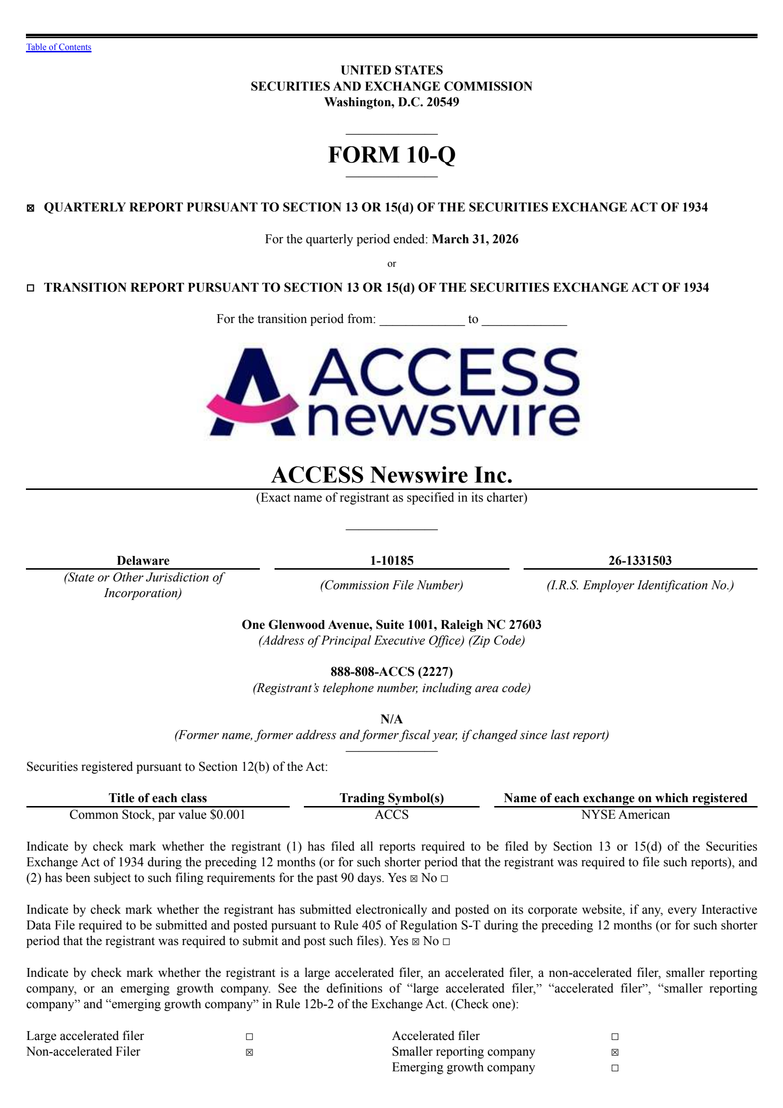 ACCESS Newswire's Q1 2026 Quarterly report