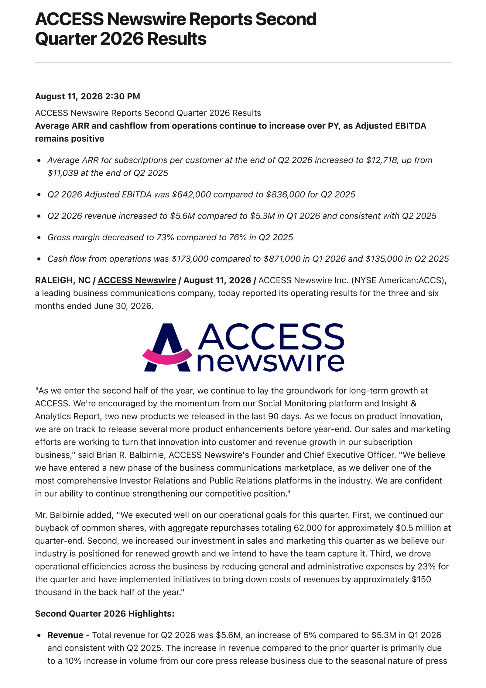 ACCESS Newswire's Q2 2026 Press Release