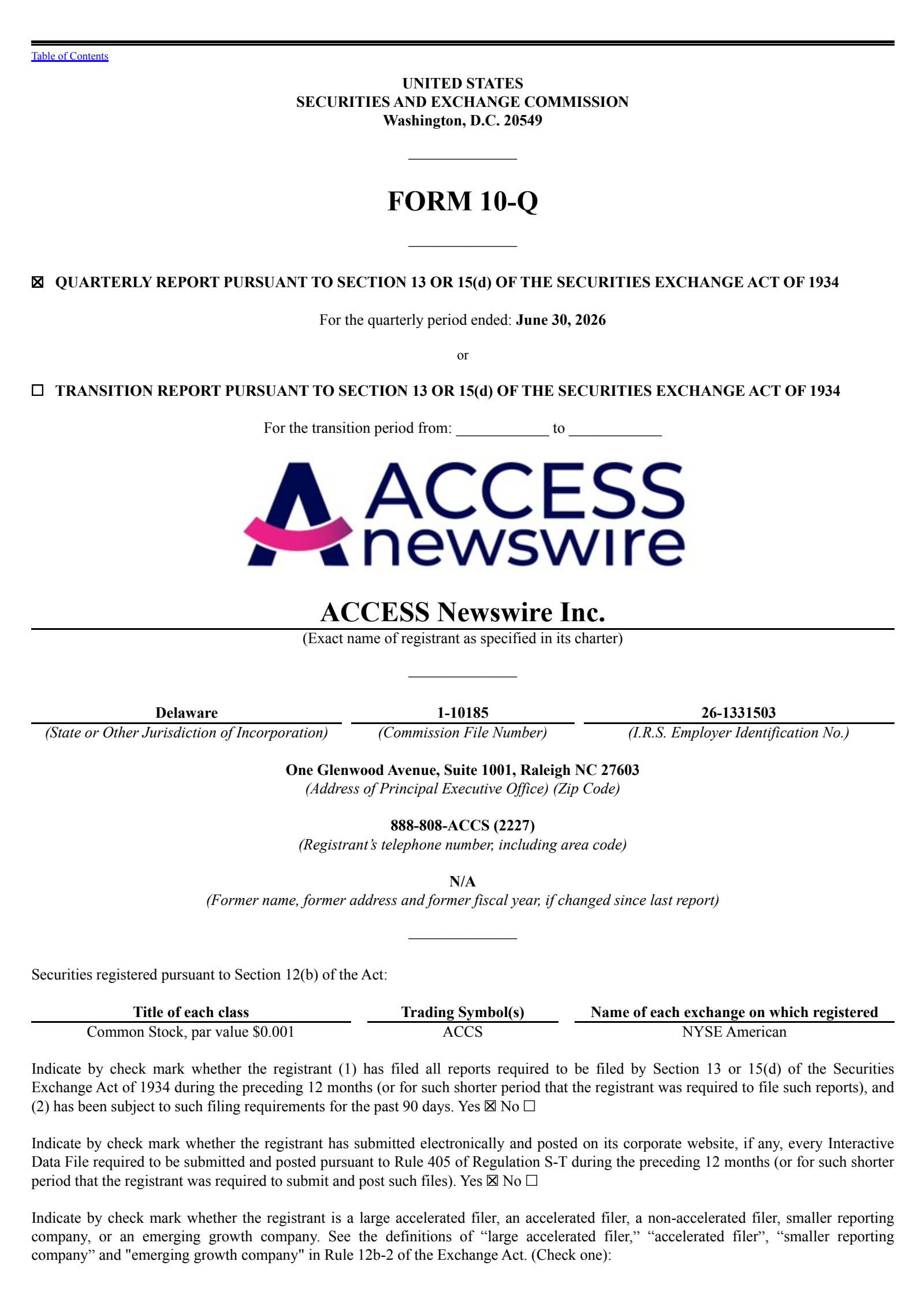 ACCESS Newswire's Q2 2026 Quarterly report