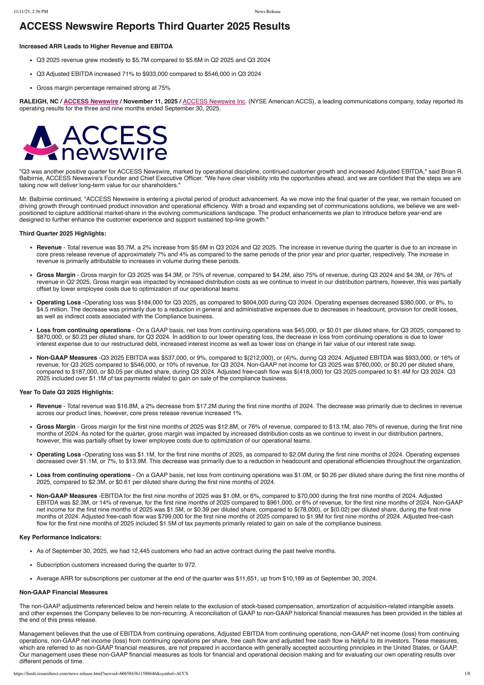 ACCESS Newswire's Q3 2025 Earnings Release