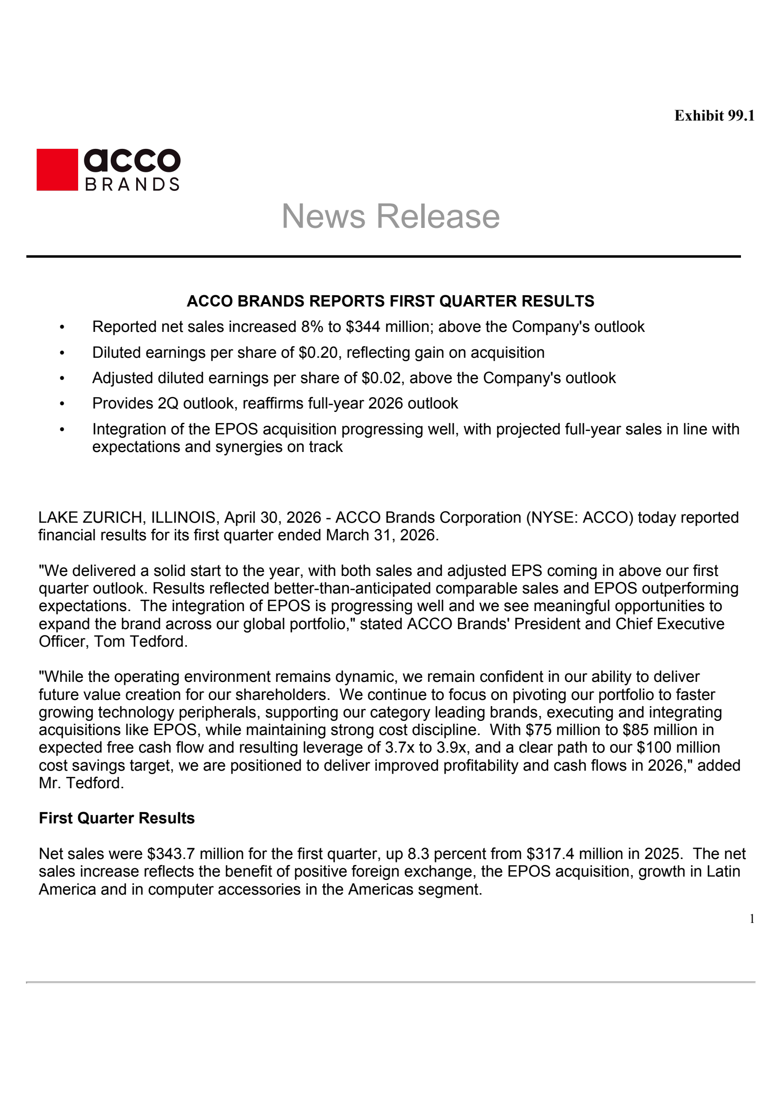 Acco Brands' Q1 2026 Press Release