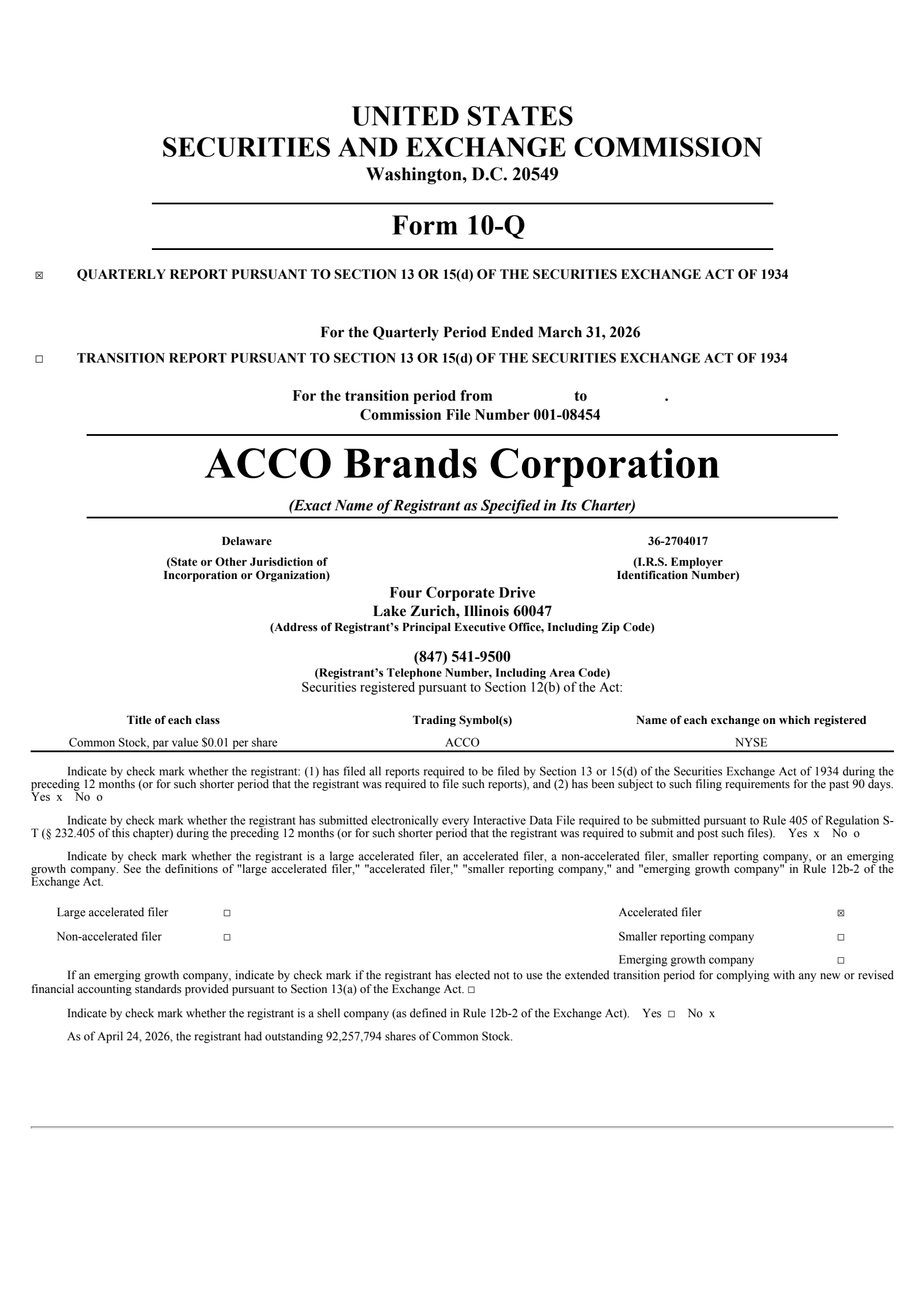 Acco Brands' Q1 2026 Quarterly report