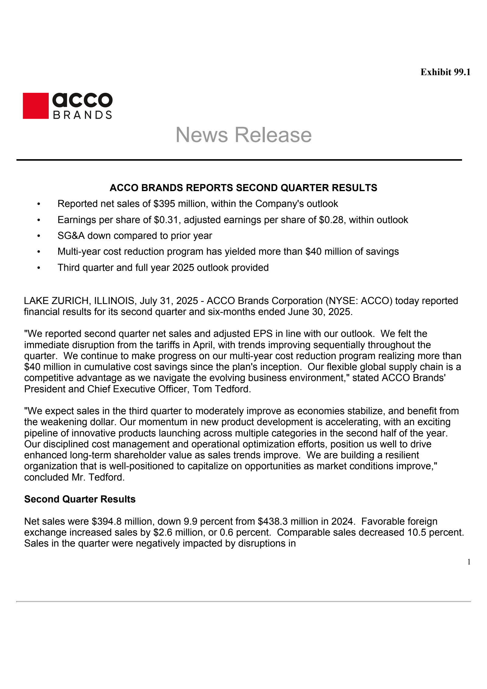 Acco Brands' Q2 2025 Press Release