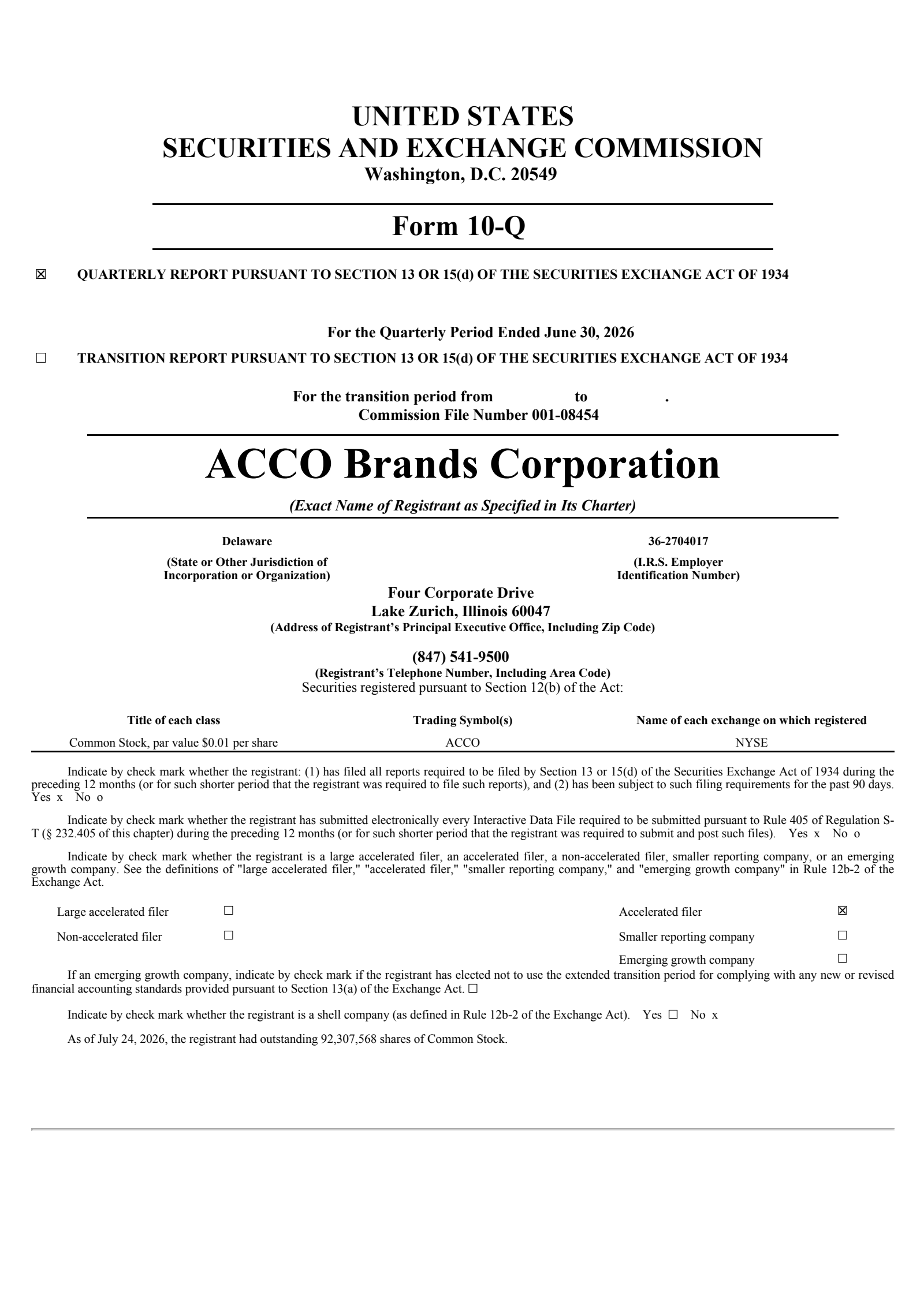 Acco Brands' Q2 2026 Quarterly report