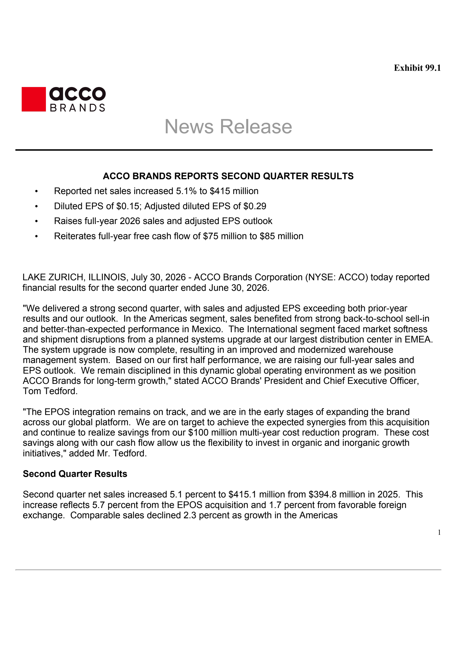 Acco Brands' Q2 2026 Press Release