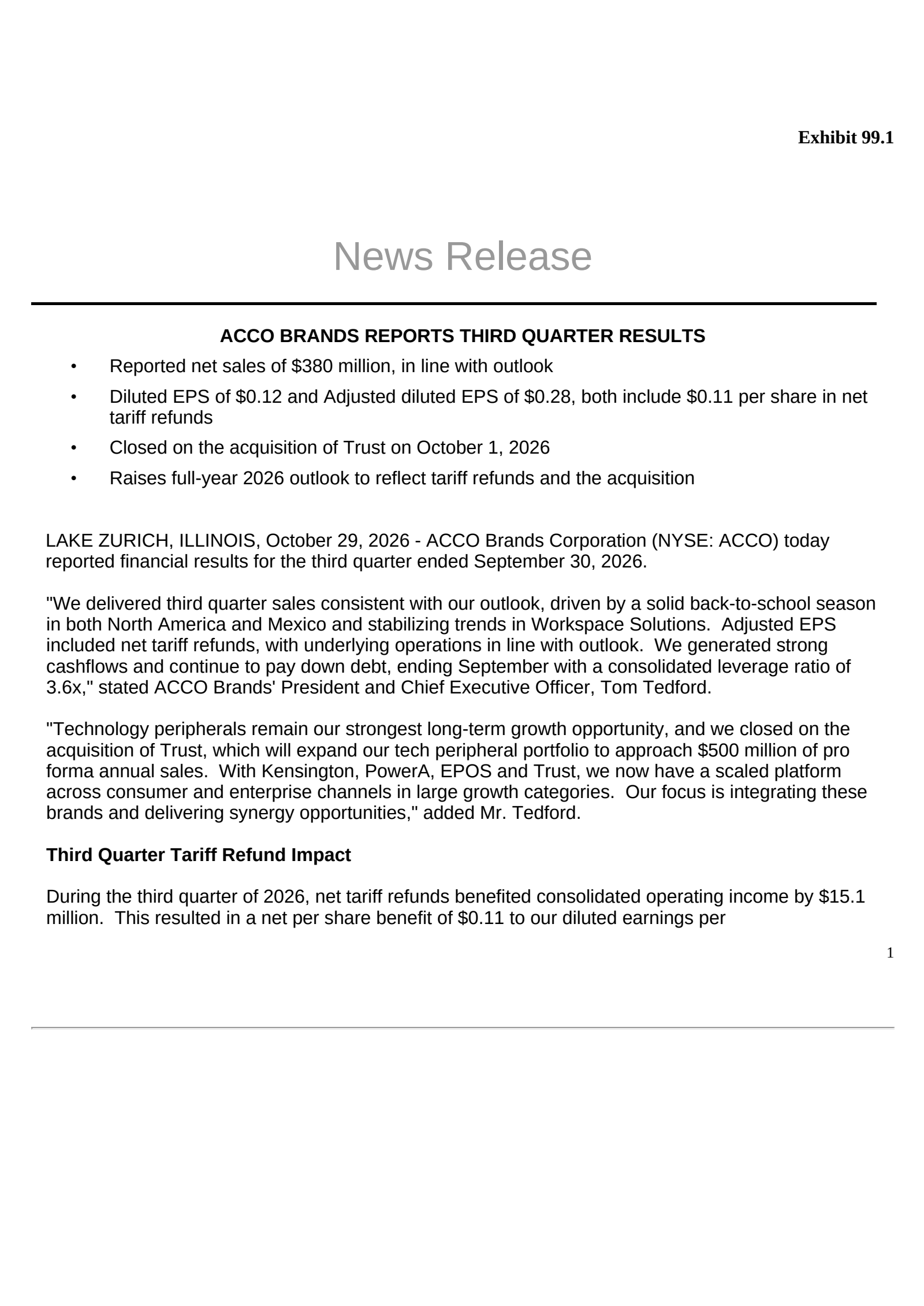 Acco Brands' Q3 2026 Press Release