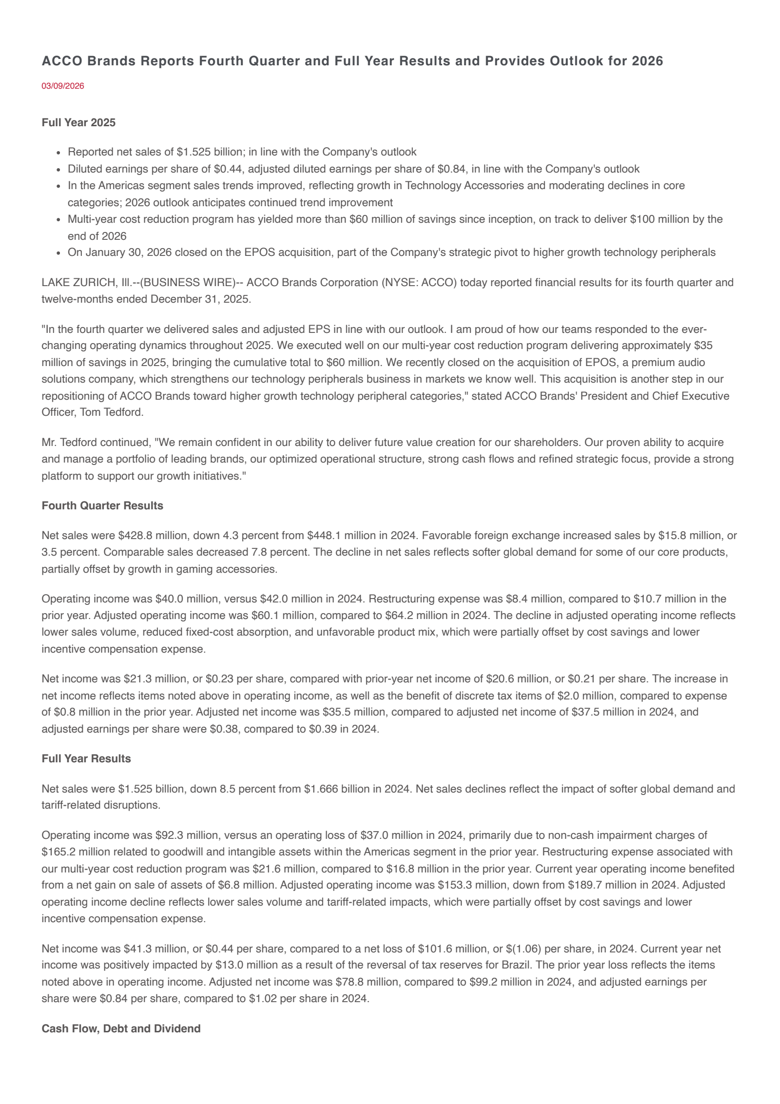 Acco Brands' Q4 2025 Press Release