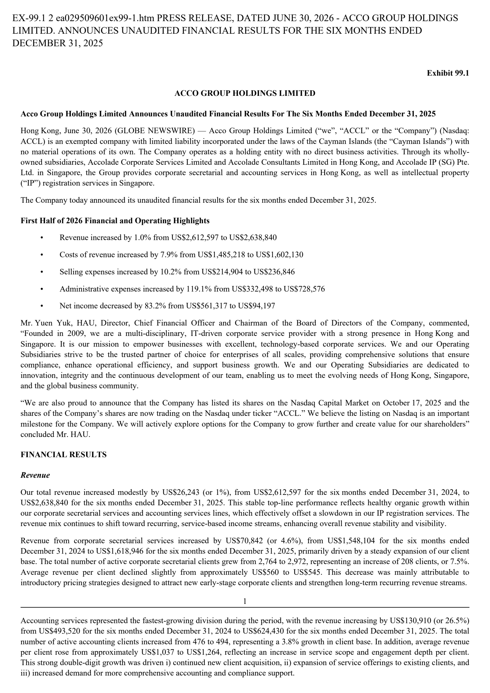 Acco Group's H1 2026 Press Release