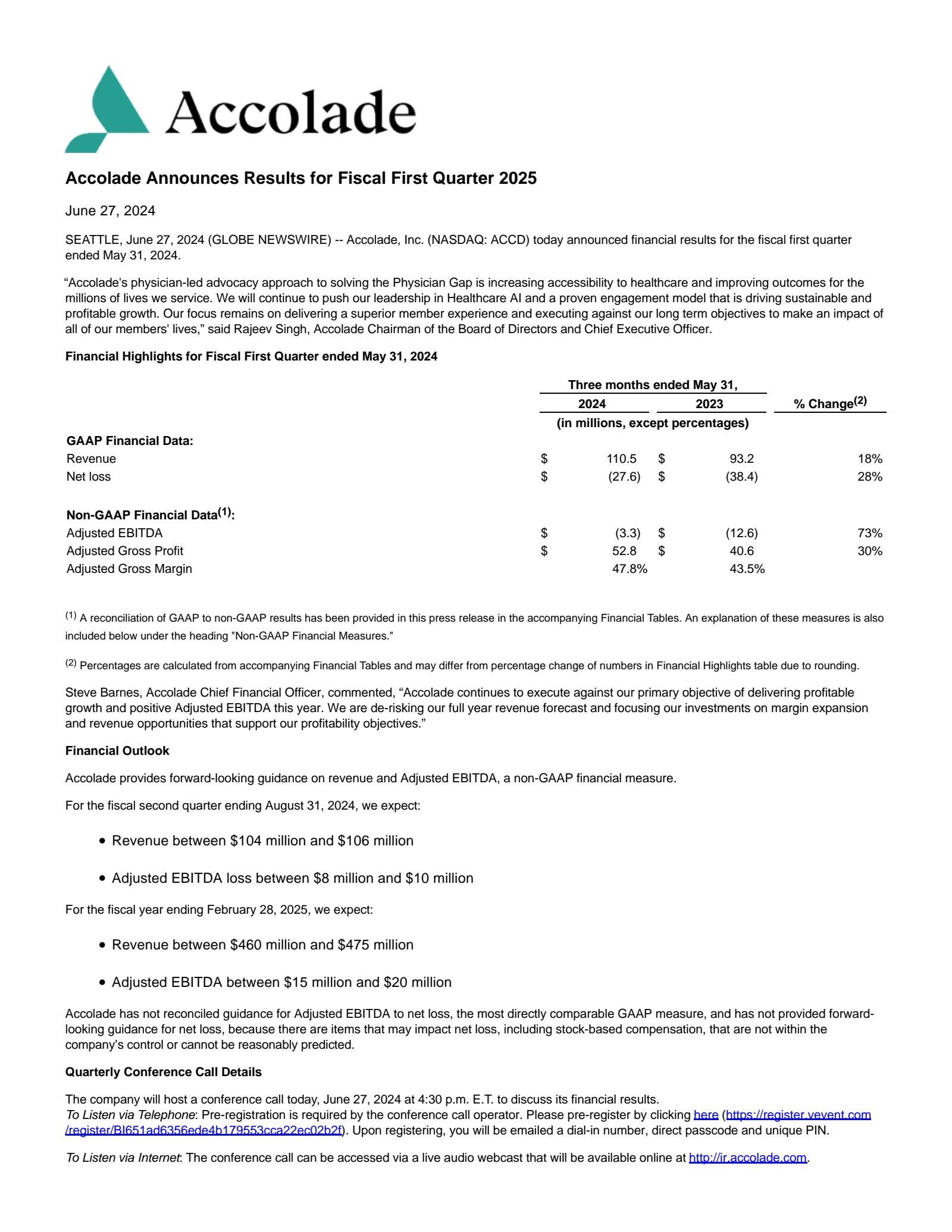 Accolade's Q1 2025 Press Release
